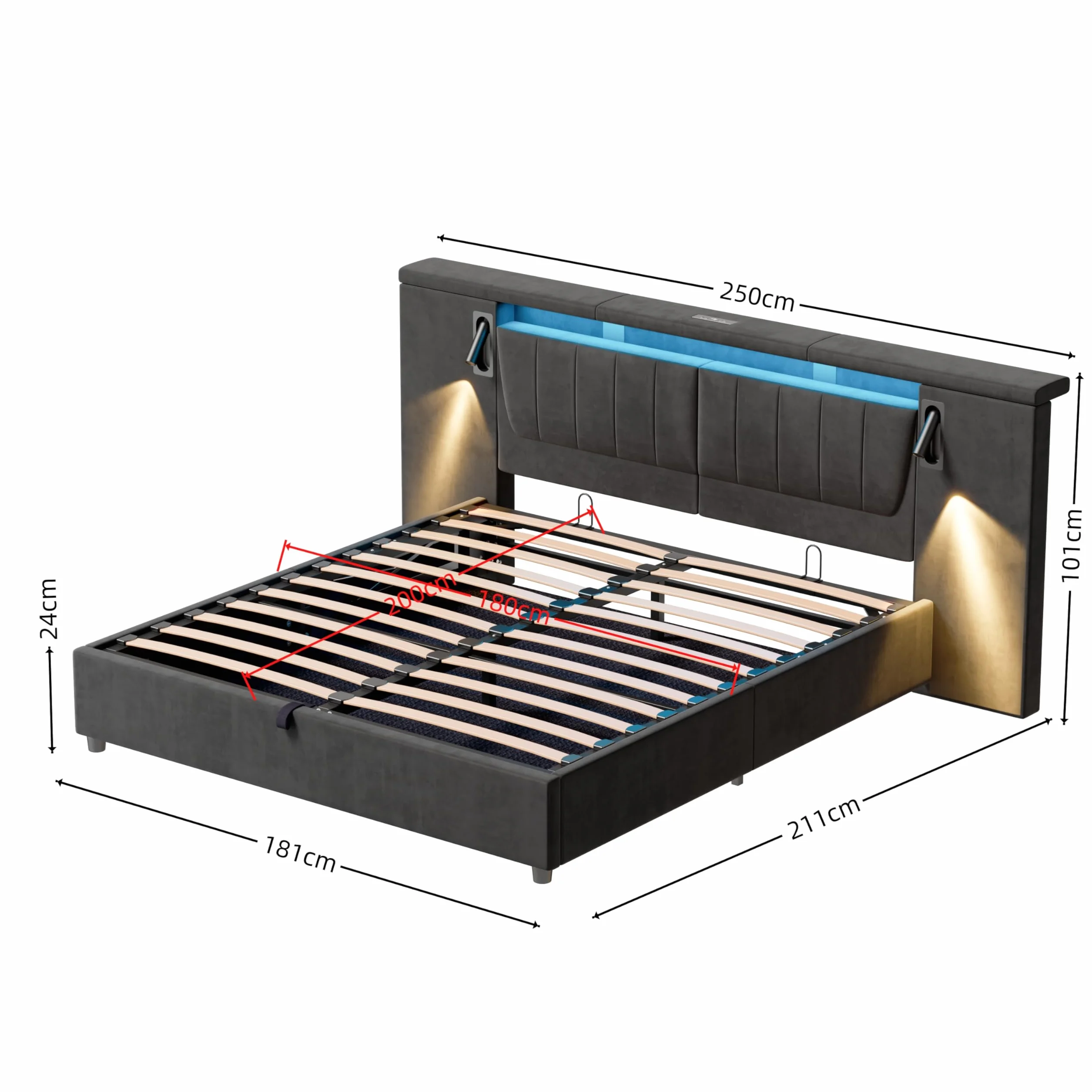 Letto Matrimoniale 180x200 con LED Testiera larga, Letto Contenitore Matrimoniale con porta USB e Lampada, Struttura Letto Matrimoniale Imbottito 180x200, Senza Materasso, Velluto Grigio