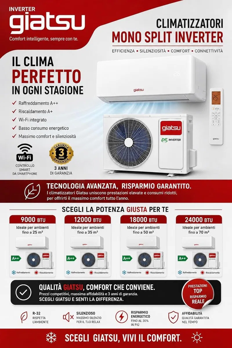 Condizionatore 9000 BTU Inverter WiFi GIATSU Sakura B – Climatizzatore Silenzioso Caldo/Freddo Pompa di Calore A++/A+ con Gas R32, Modalità Turbo, Sleep, Timer 24H, Auto Restart, Golden Fin