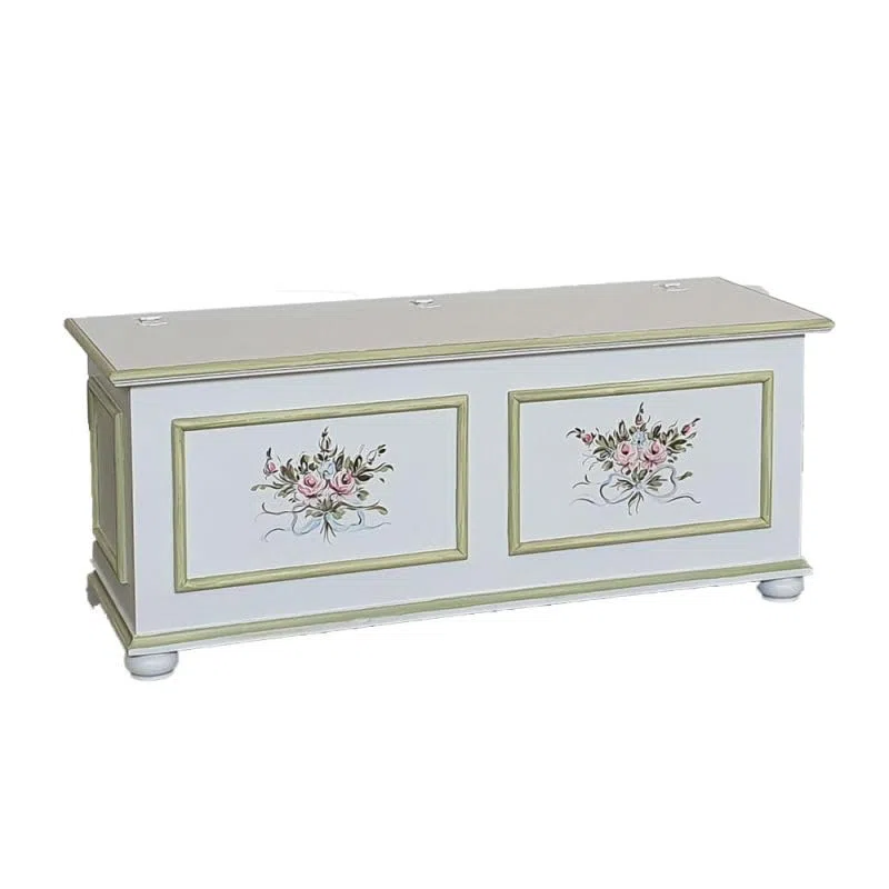 Vicentini arreda CASSAPANCA IN LEGNO SHABBY CHIC MOD CIPOLLA BIANCO DECORATO FILO VERDE (L 120 P 42 H 50)