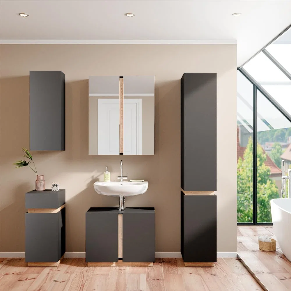 Vicco Mobiletto bagno Gloria, Antracite, 33 x 75.5 cm con anta e cassetto, con apertura per sifone e compatibile con la serie Gloria