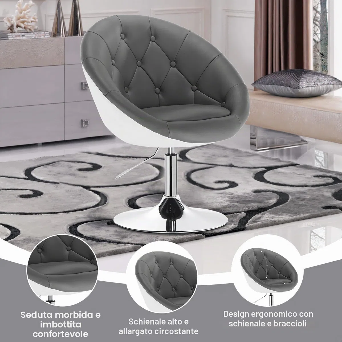 WOLTU Poltroncina da Bar Sgabello Girevole Sedia con Schienale Braccioli in PU Altezza Regolabile Grigio+Bianco
