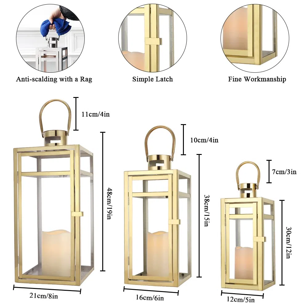 TRIROCKS Set di 3 Lanterne in Acciaio Inossidabile 48 cm, 38 cm, 30 cm Alte, Porta Candela in Metallo con Vetro Trasparente per Decorazioni Casa, Soggiorno, Eventi (Oro)