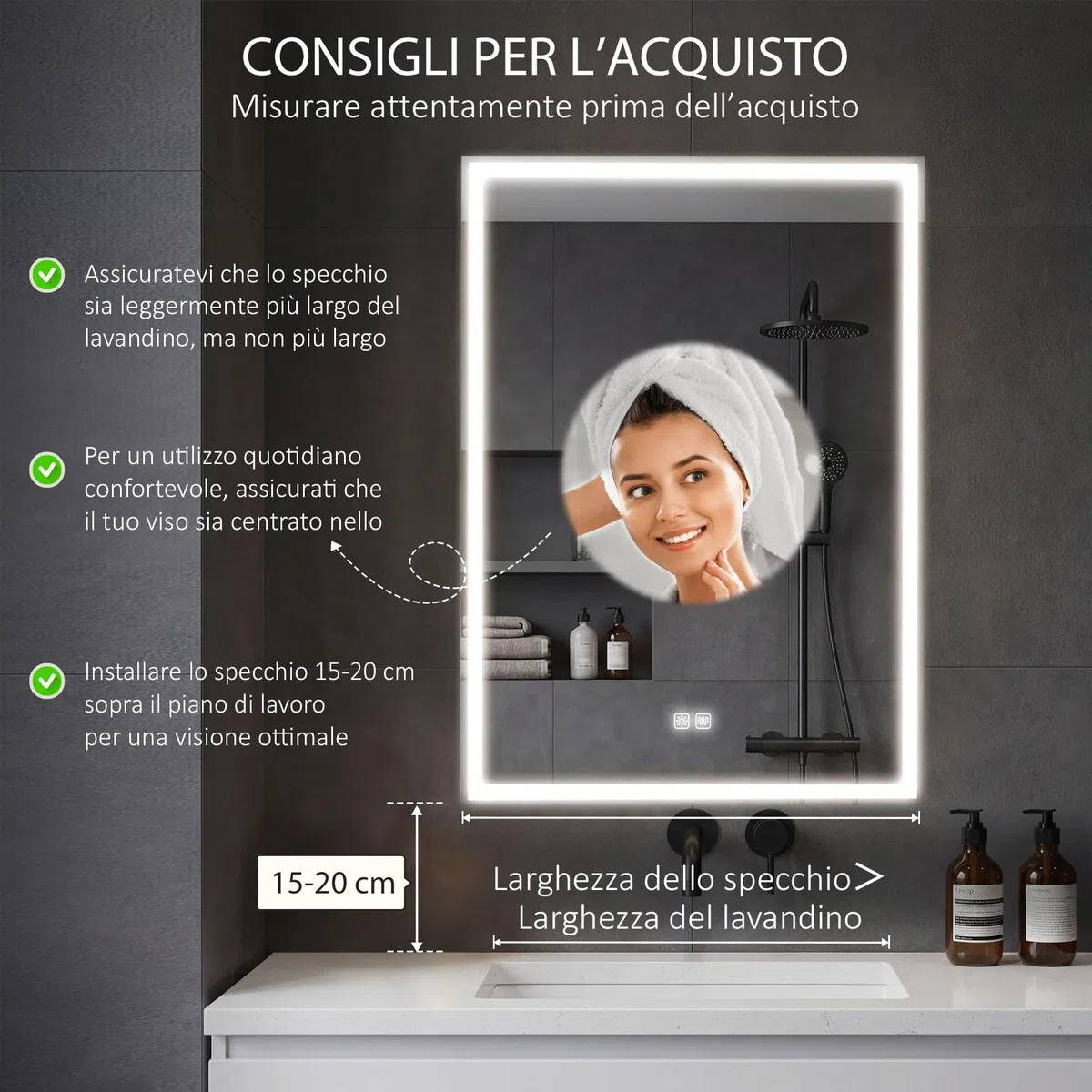 HOMCOM Armadietto a Specchio per Bagno con Luci LED e Presa per Rasoio, Armadietto a Parete con Specchio, Pad Anti-Appannamento, Dimmer, 3 Colori, Mobile da Bagno, Nero