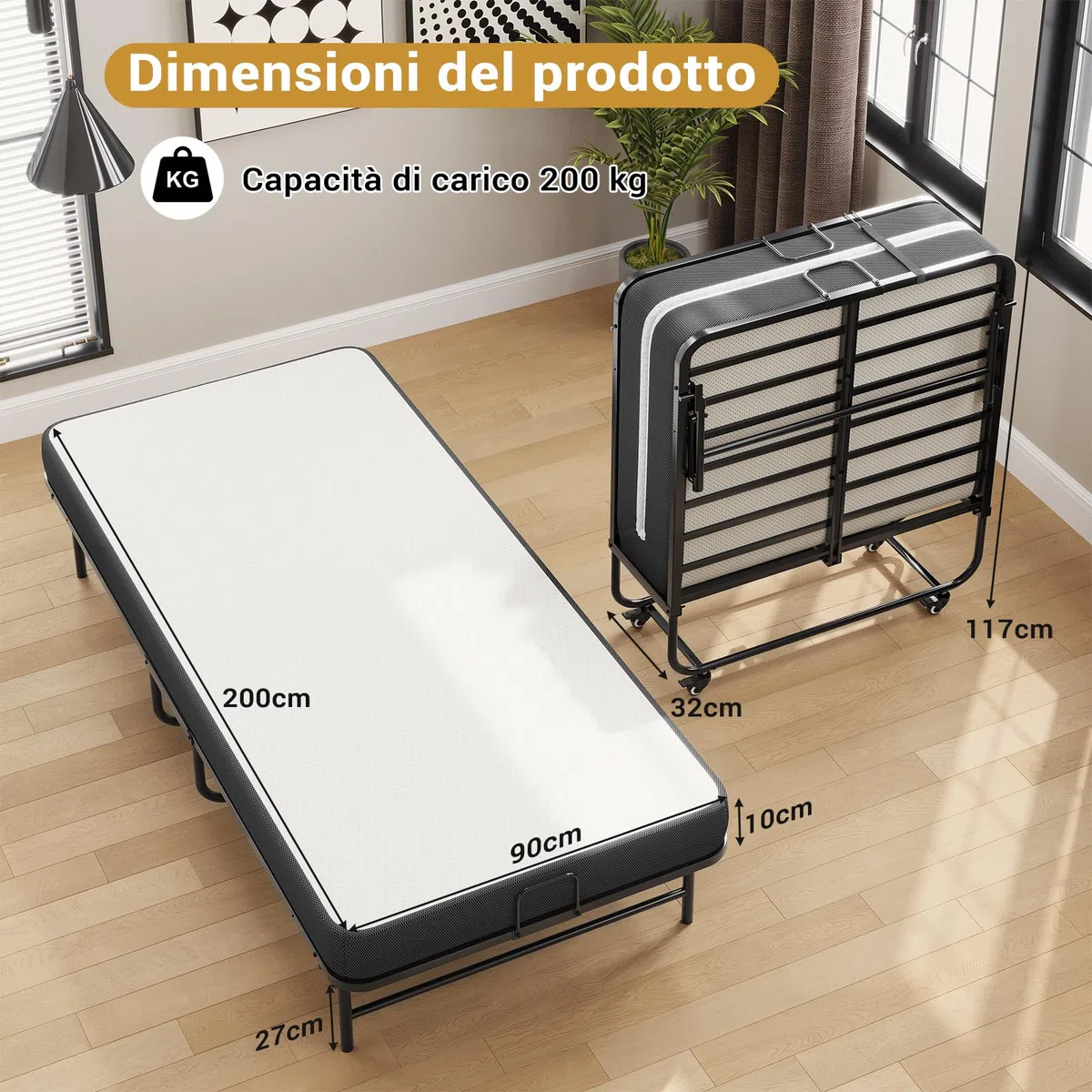 Brinlawb Brandina Pieghevole con Materasso Spesso 10 cm, 90 x 200 cm Letto Pieghevole Singolo con Materasso Letto per Ospiti con Struttura in Robusta Metallo e 4 Ruote Letto a Scomparsa, Fino a 200 kg