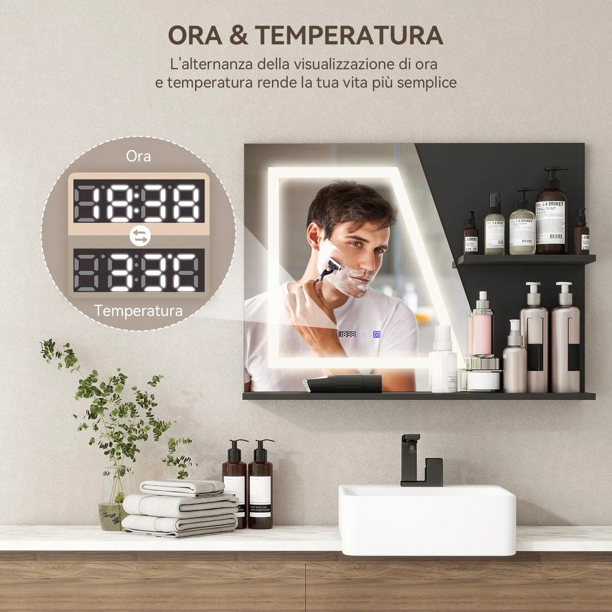YU YUSING Specchio Bagno LED 80x60 cm con 2 Ripiani, Specchio da Parete con Led, 3 Colori, Luce Regolabili, Contro Touch, Display dell'Ora e Temperatura, Antiappannamento, IP44, Moderno, Nero