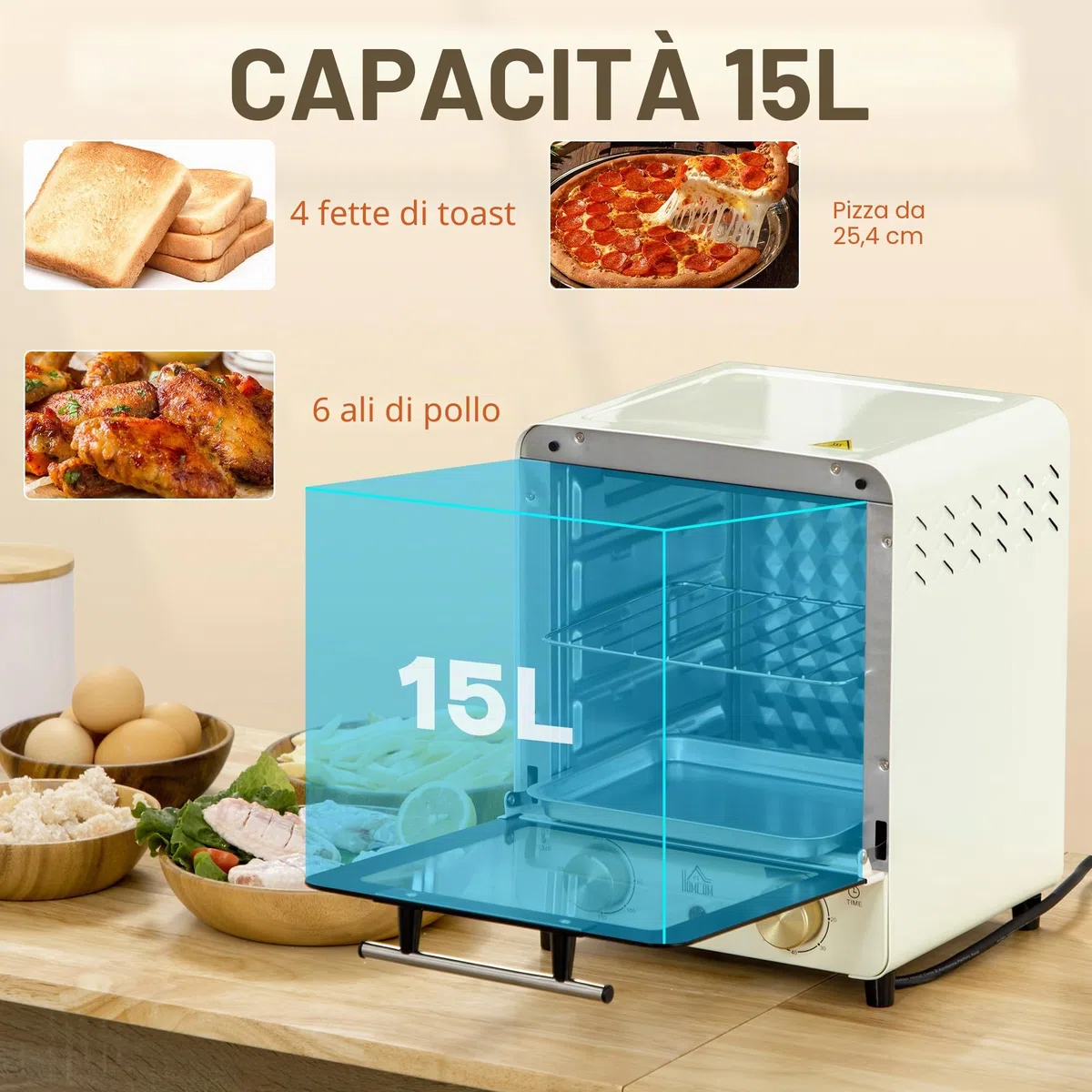 HOMCOM Mini forno 15L, forno per pizza a convezione, 1000 W Mini forno elettrico con set di teglie, vassoio per le briciole, timer di 1 ora, 60-230℃, bianco crema