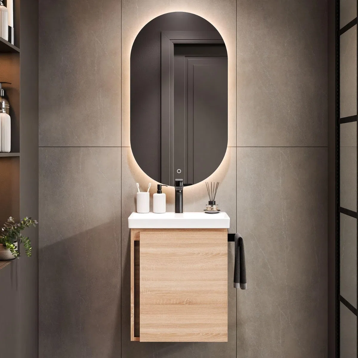 Planetmöbel Mobile sottolavabo 50 cm con specchio da bagno con illuminazione ovale, set di mobili da bagno con lavabo, sospeso, rovere Sonoma