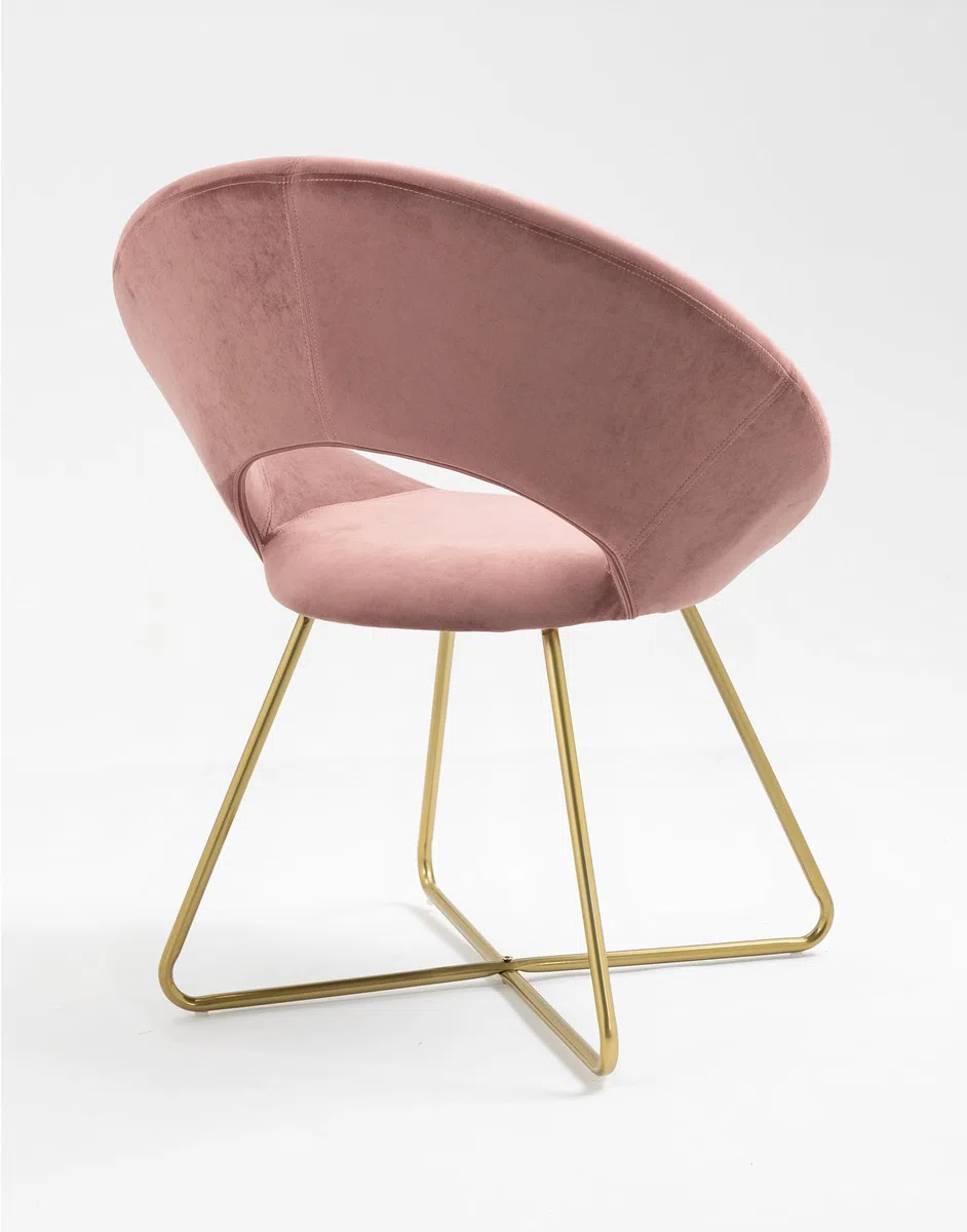 Poltrona Tonda Camera da Letto in Velluto Design Moderno, Sedia Imbottita Circolare con Gambe in Metallo Placcato Oro - Poltroncina per Salotto con Seduta Morbida Modello Grace - Rosa antico