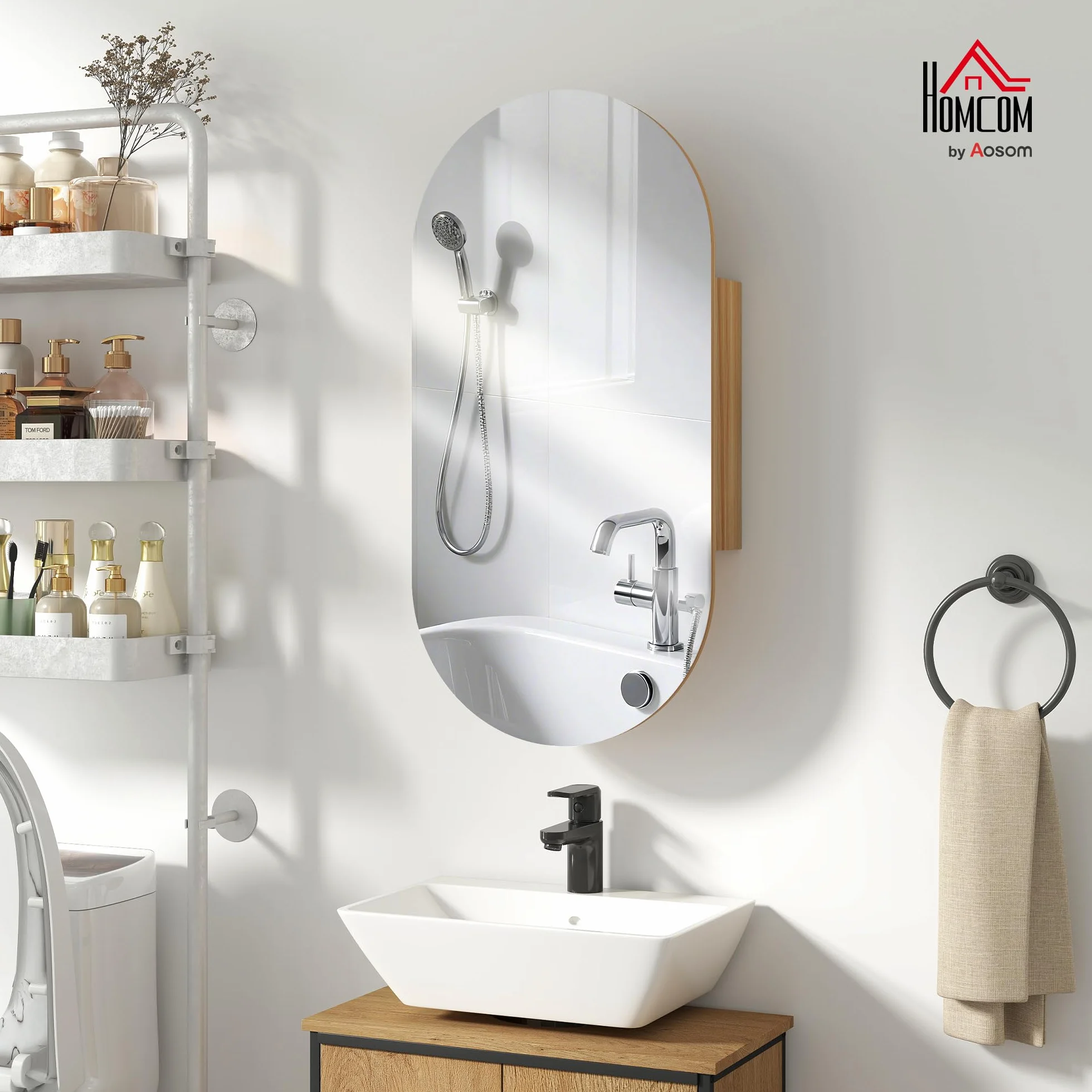HOMCOM Mobile da parete per bagno con specchio ovale, 45 x 90 cm, mobili da bagno moderni, design senza cornice, specchio con contenitore, legno naturale