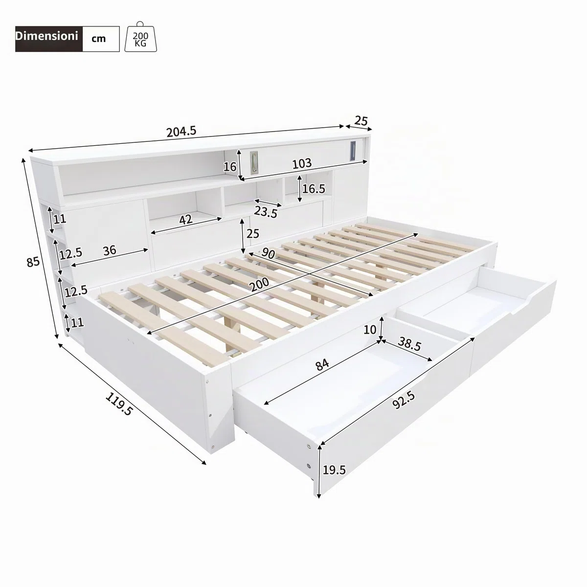Letto per bambini 90x200, letto singolo con ripiani e armadio contenitore, letto contenitore con cassetti, struttura letto con rete a doghe, per adulti e ragazzi, senza materasso, bianco