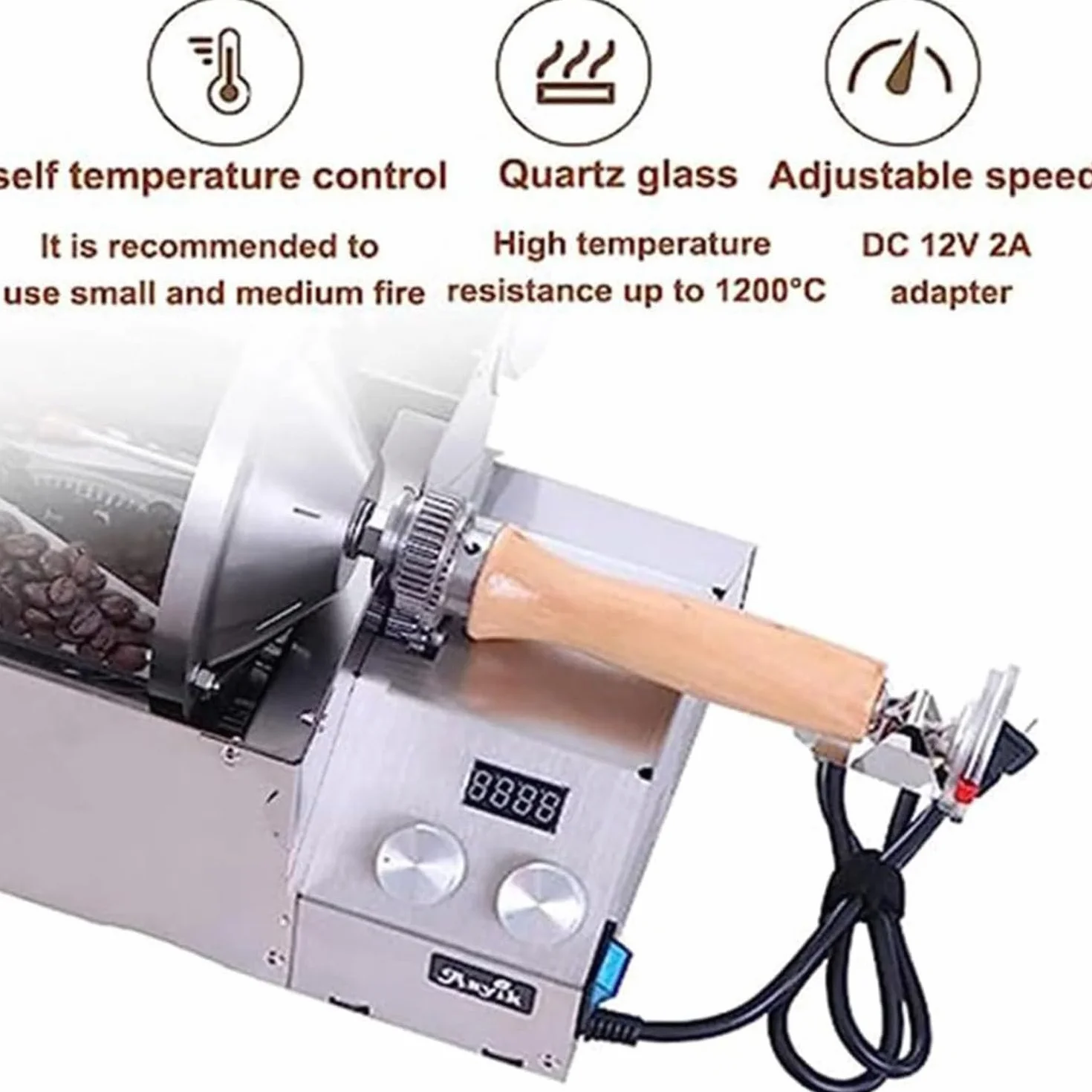 Tostatrice Domestica per Chicchi di caffè, tostatrice elettrica per Frutta secca, Macchina per tostare Il caffè, Tamburo in Vetro al Quarzo Resistente alle Alte Temperature