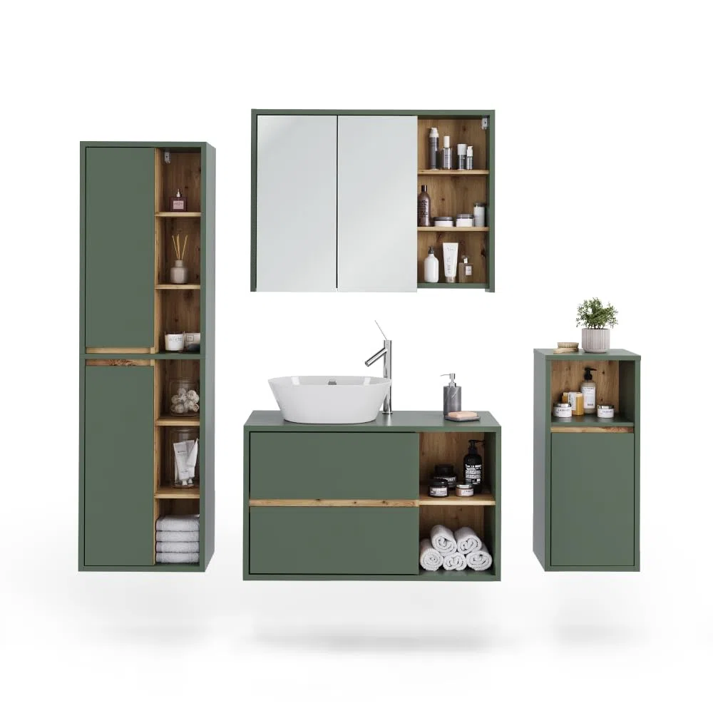 Vicco Set di mobili da bagno Viola, Verde/Artigianale, 100 cm, composto da mobile lavabo, pensile a specchio, colonna e base media
