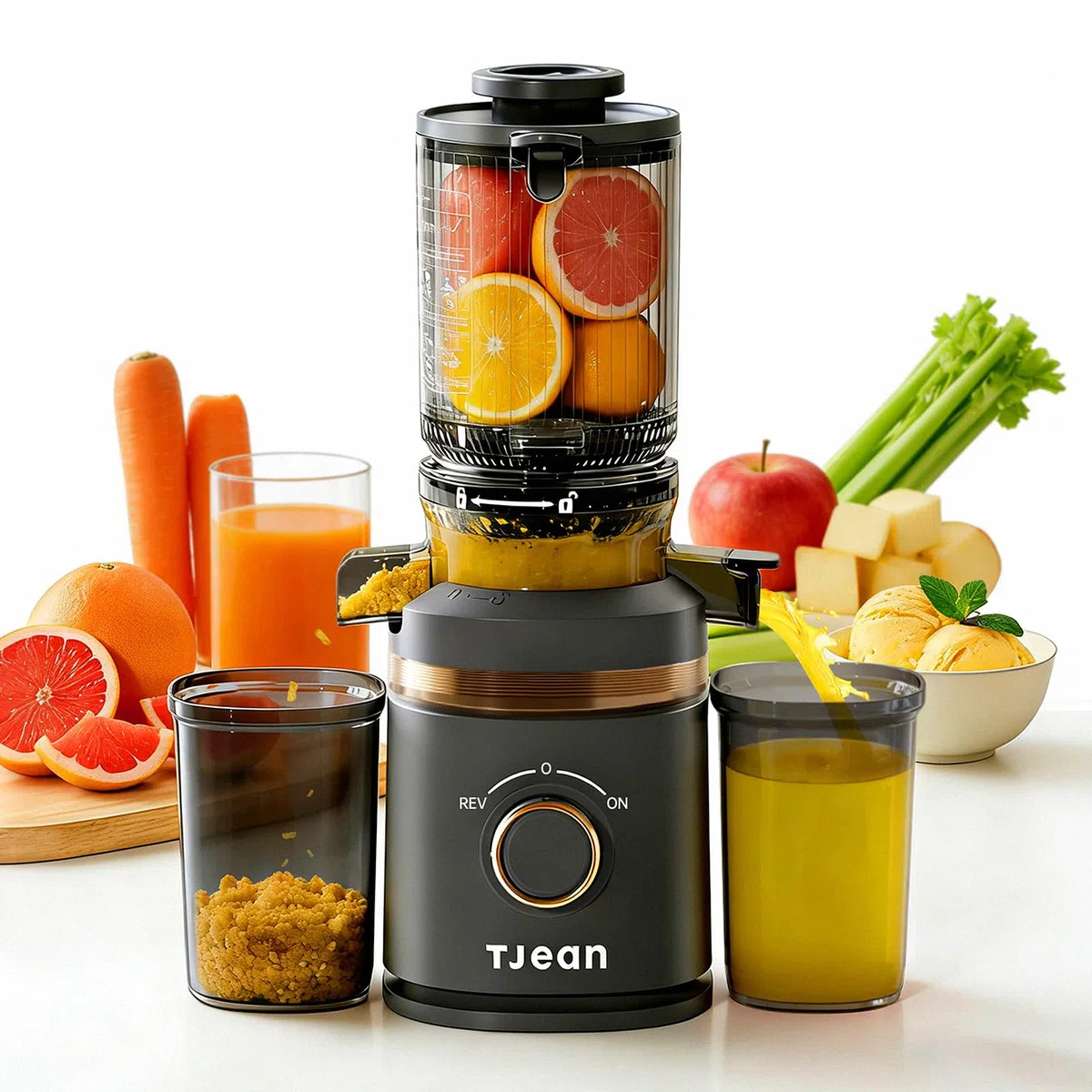 TJean Estrattore di succo a freddo con bocchetta di riempimento da 110 mm per frutta e verdura intere, alta resa di succo, basso consumo energetico, facile da pulire, materiale Tritan privo di BPA
