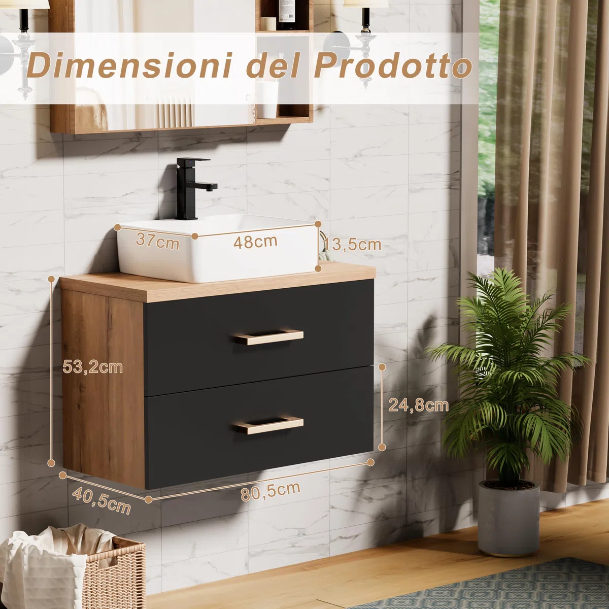 UEV Mobile Bagno 80CM con Lavabo in Stile Rustico,Lavandino con Mobiletto da Parete, Mobiletto Bagno Sospeso Impermeabile e Resistente, Nero