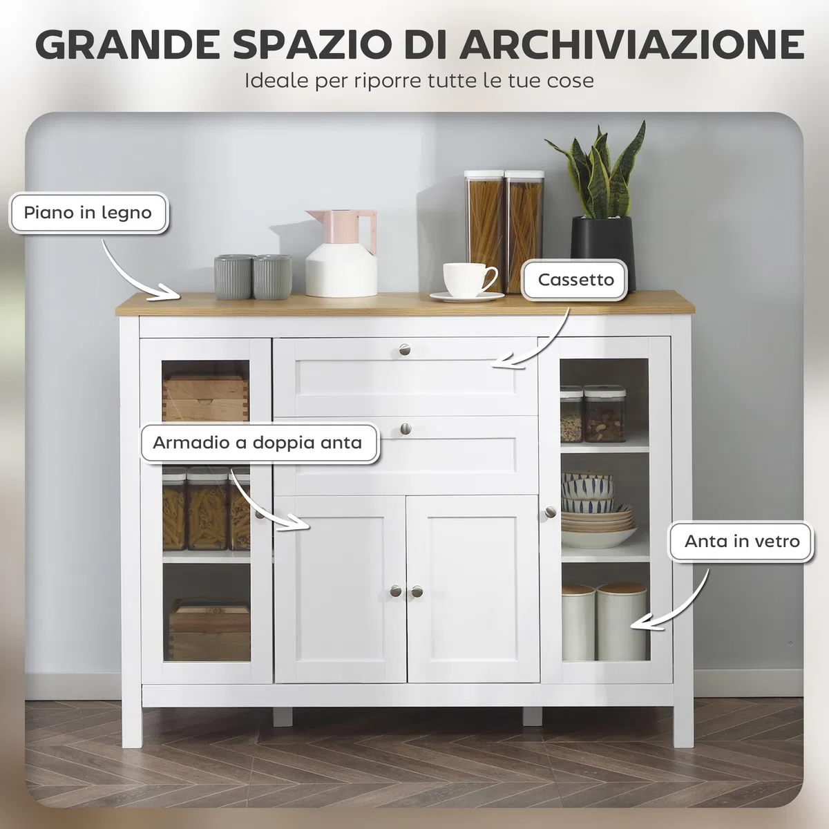 HOMCOM Credenza Cucina, Mobile Cucina con 2 Cassetti, 3 Armadietti, Piano d'Appoggio in Caucciù, Credenza Buffet con Ante a Vetro, Ripiani Regolabili, per Soggiorno Sala da Pranzo, 120x40x90cm, Bianco