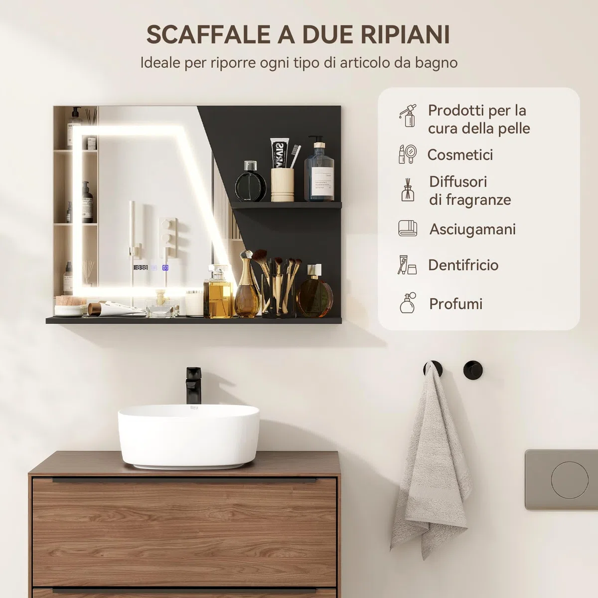 YU YUSING Specchio Bagno LED 80x60 cm con 2 Ripiani, Specchio da Parete con Led, 3 Colori, Luce Regolabili, Contro Touch, Display dell'Ora e Temperatura, Antiappannamento, IP44, Moderno, Nero