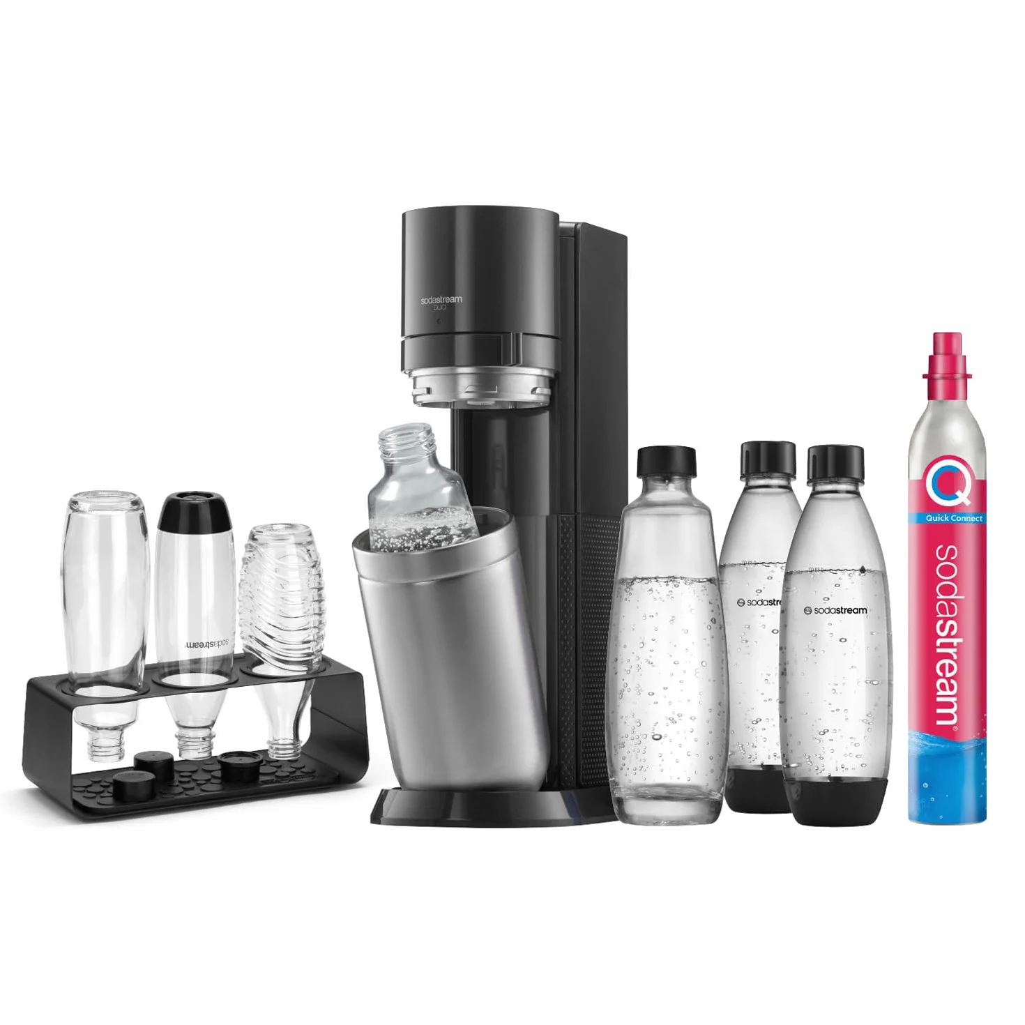 SodaStream Set di 2 bombole di vetro da 1 l, 2 bottiglie di vetro da 1 l, 2 bottiglie di plastica da 1 l, lavabili in lavastoviglie e portabottiglie sintico, altezza: 44 cm, colore: titanio