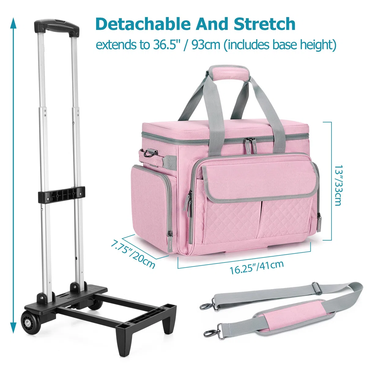 Luxja Custodia per Macchina da Cucire con Ruote e Tasche Multiple, Borsa per Macchina da Cucire con Tracolla Staccabile (Compatibile con Maggior Parte Delle Macchine da Cucire Standard), Rosa