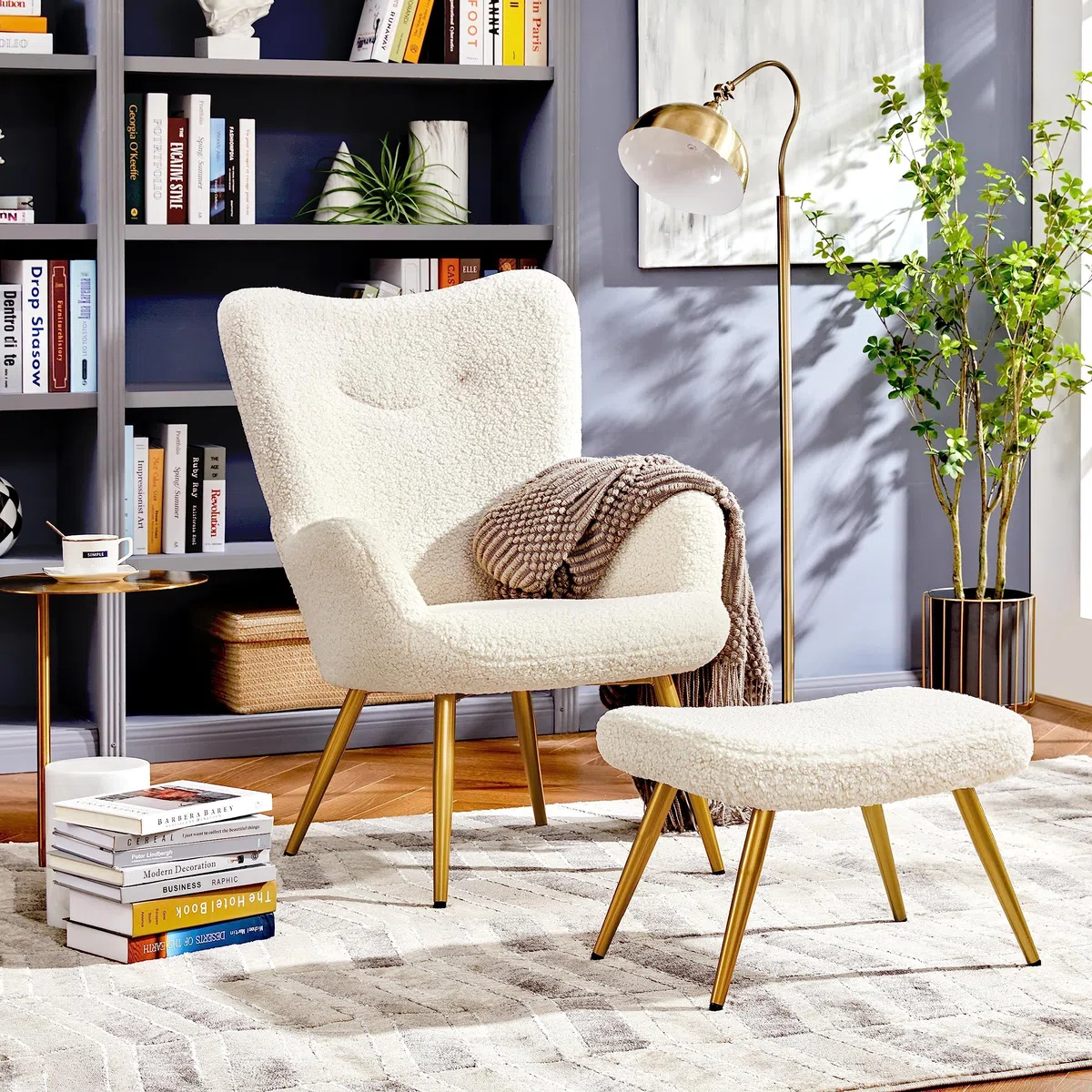 Yaheetech Set Poltrona da Salotto con Pouf Poggiapiedi in Tessuto Bouclé e Metallo Imbottita con Schienale Braccioli per Lettura/Camera da Letto/caffè/Studio Avorio