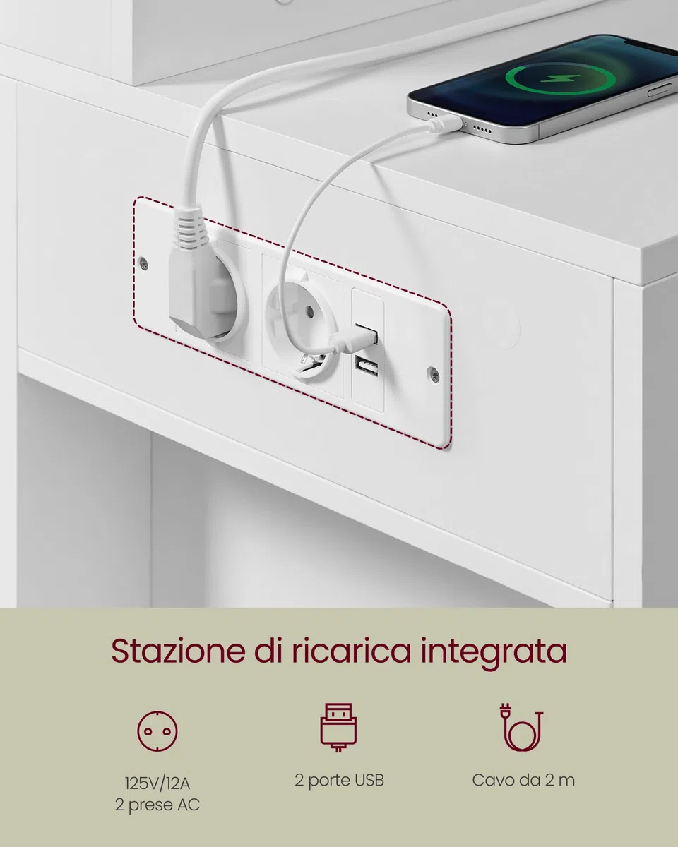 VASAGLE KAILYN Collezione - Toeletta da Trucco con Luce LED e Sgabello, Postazione Trucco con Specchio, Portagioielli, Stazione di Ricarica, 40 x 125 x 140 cm, con Cassetti, Bianco Nuvola RDT127WB01
