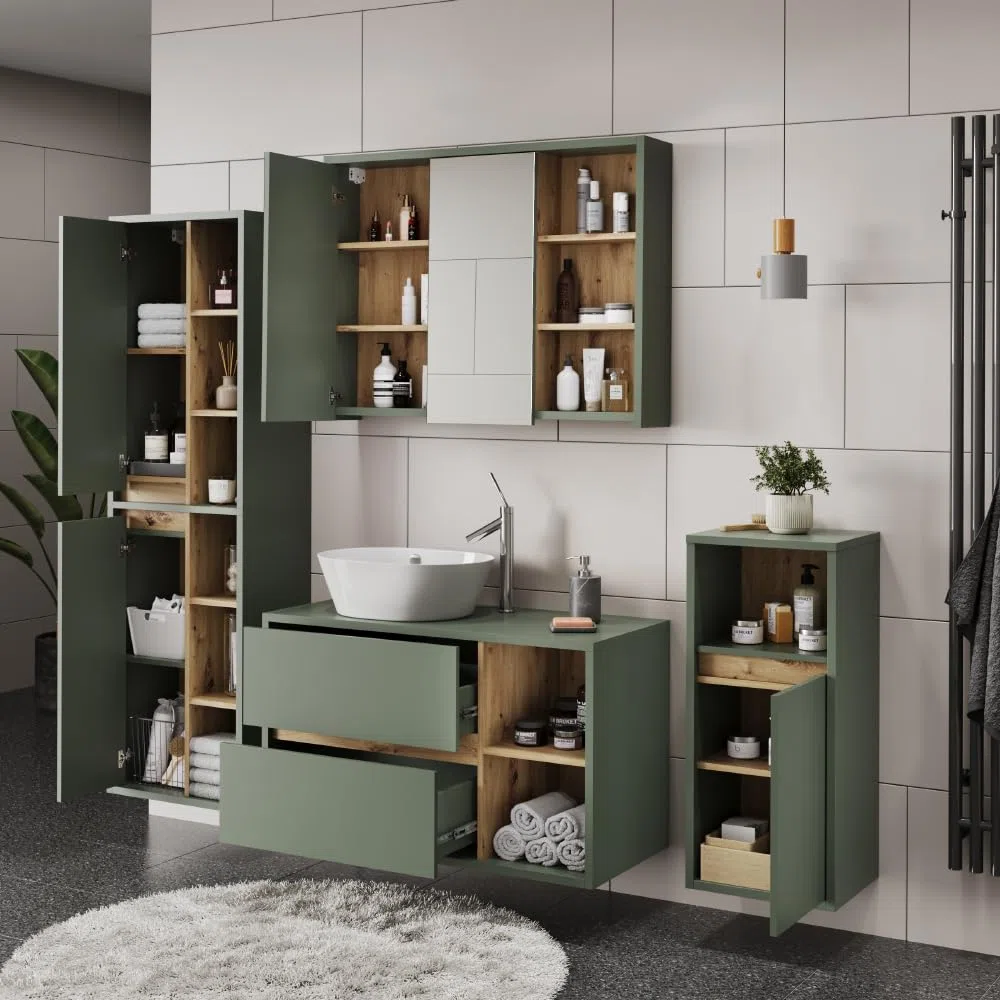 Vicco Set di mobili da bagno Viola, Verde/Artigianale, 100 cm, composto da mobile lavabo, pensile a specchio, colonna e base media