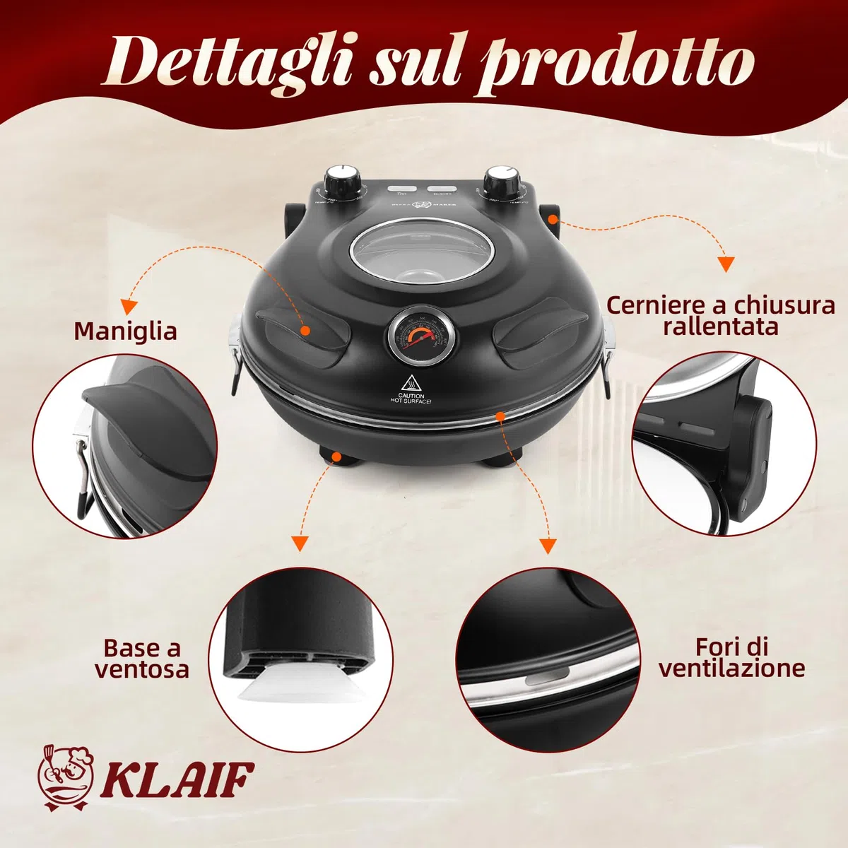 KLAIF Forno elettrico per pizza da banco con pietra in ceramica da 31 cm, due controlli di temperatura regolabili, inclusi 4 utensili per pizza, LMC-Nero