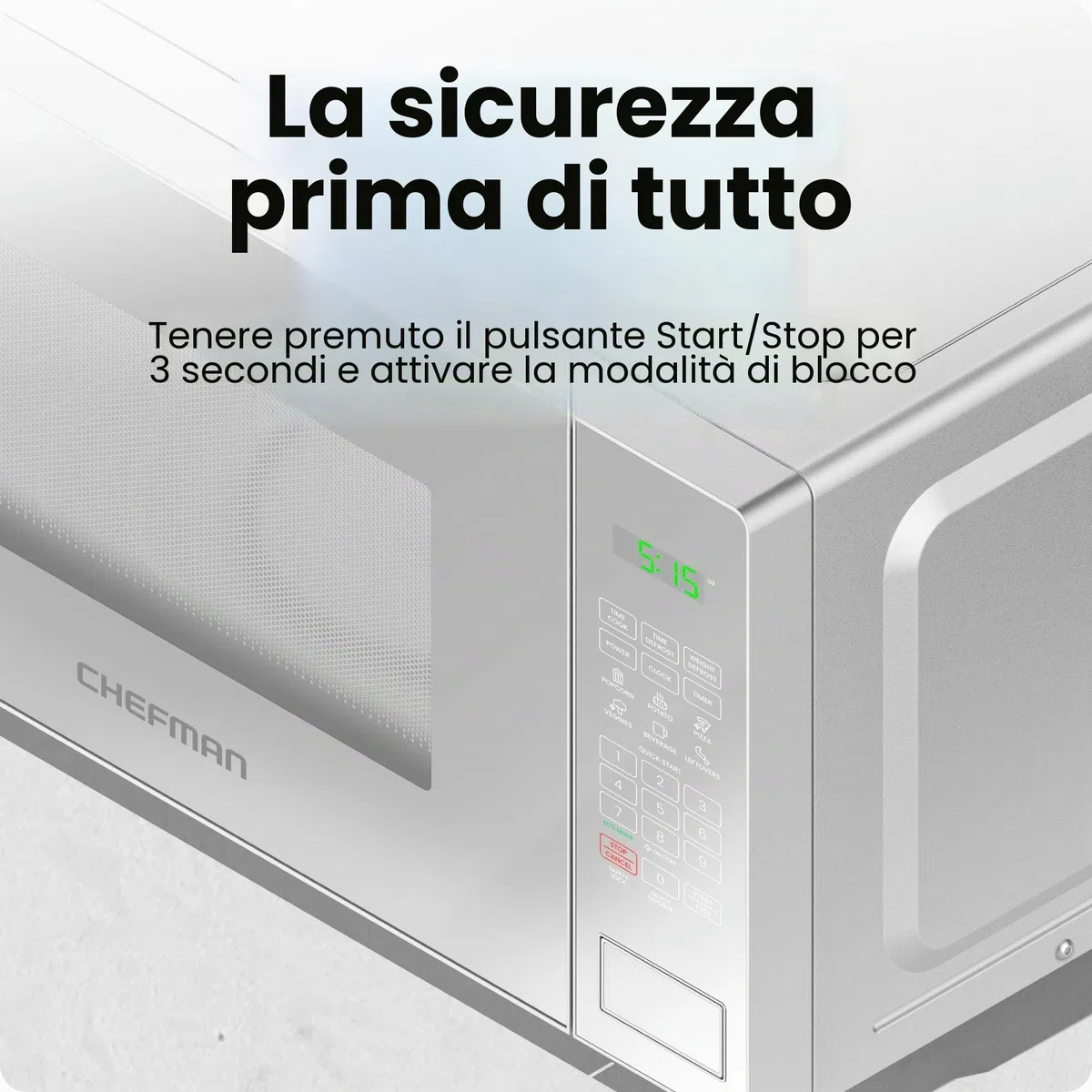 Chefman Microonde 20L 800W, 10 Livelli di Potenza, 6 Preset | display digitale, modalità eco, funzione memoria, silenzioso, sicurezza bambini