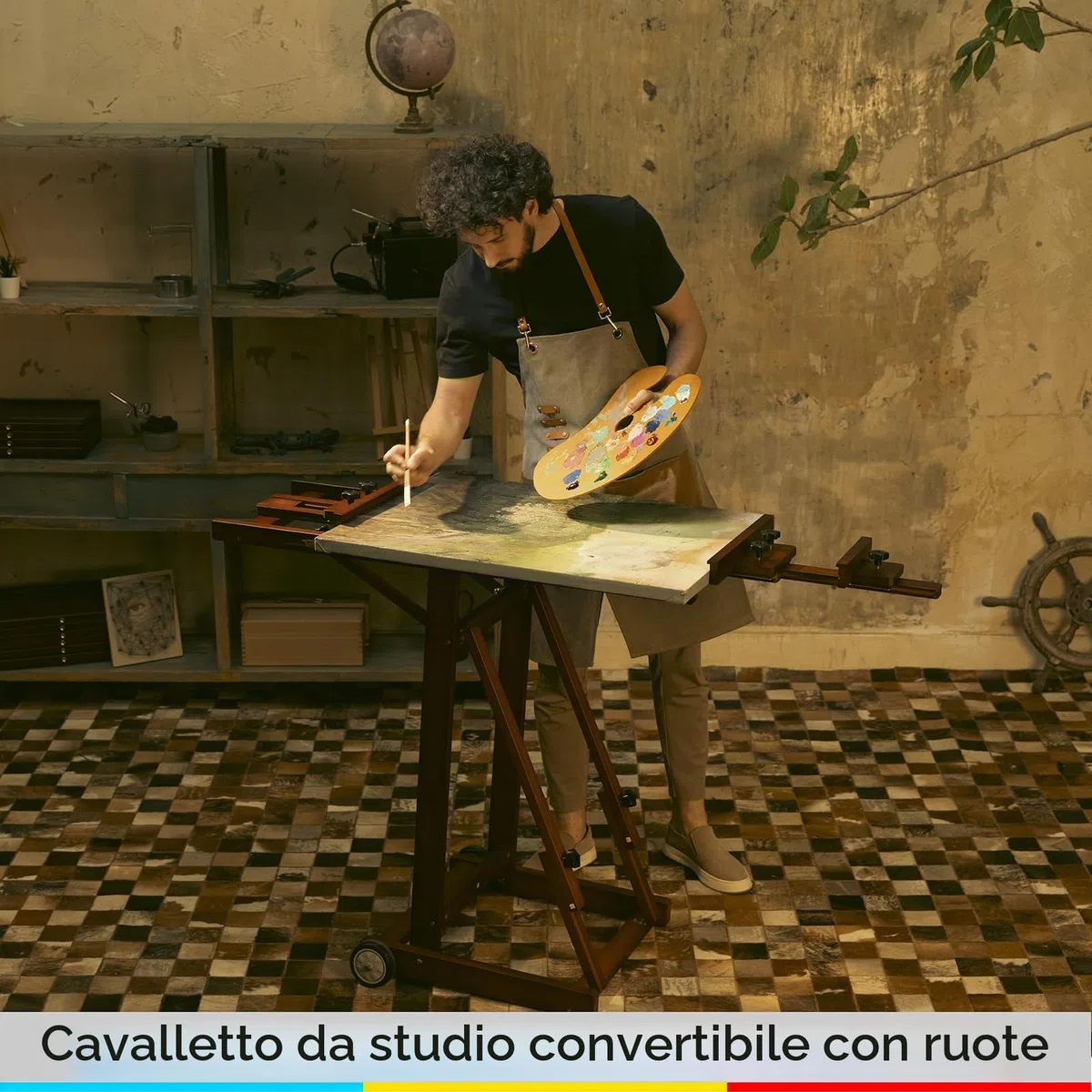 MEEDEN Cavalletto da studio multifunzione, telaio ad H, per adulti, artisti, pavimento, legno di faggio massiccio, ruote anteriori, può