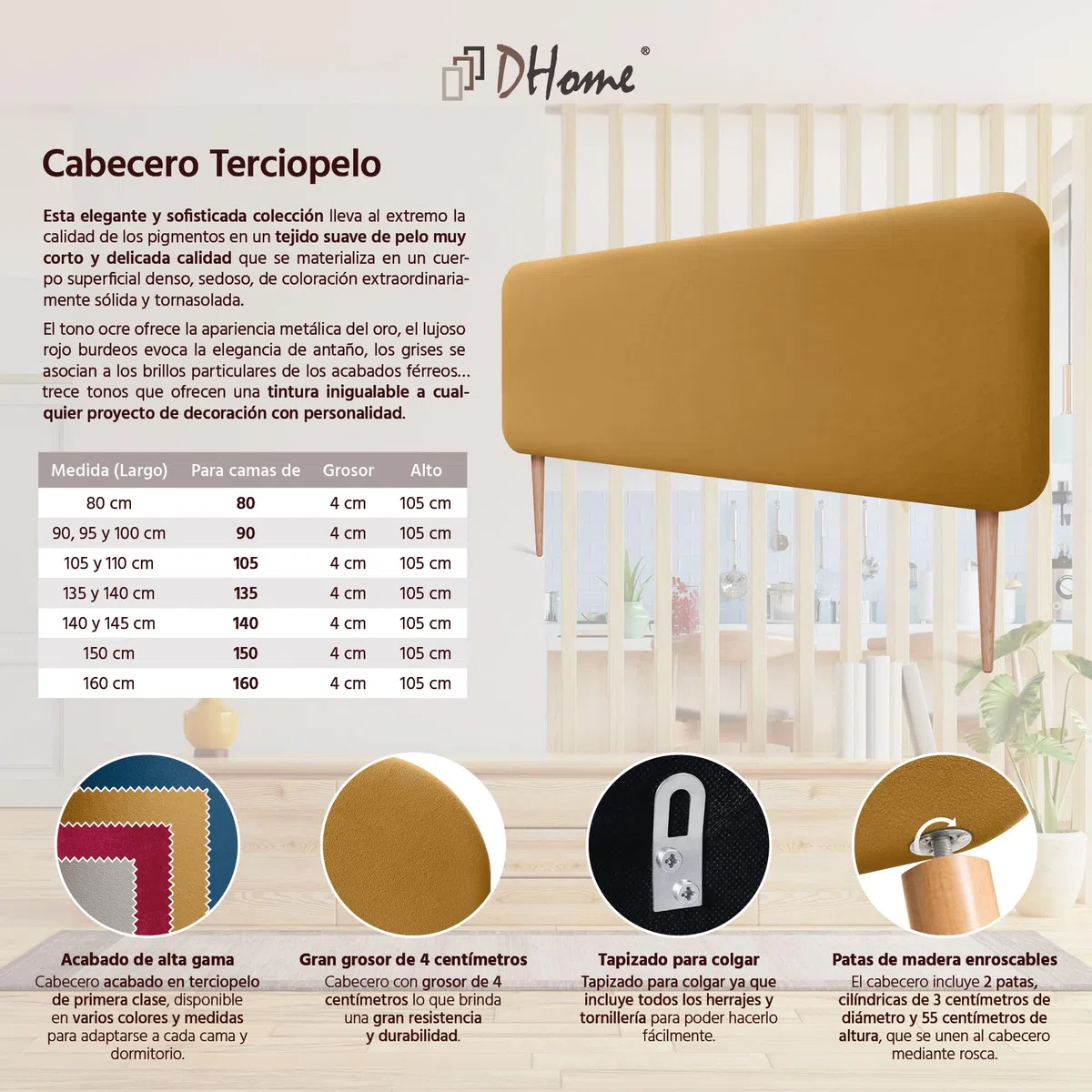 DHOME Testiera Imbottita Liscia Arrotondata in Velluto per Parete Acustica Testate Fonoassorbenti Testiera Letto Camera da Letto (Senape, 150cm)