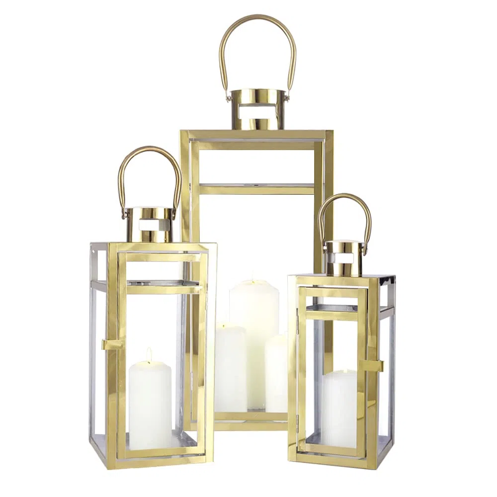 TRIROCKS Set di 3 Lanterne in Acciaio Inossidabile 48 cm, 38 cm, 30 cm Alte, Porta Candela in Metallo con Vetro Trasparente per Decorazioni Casa, Soggiorno, Eventi (Oro)
