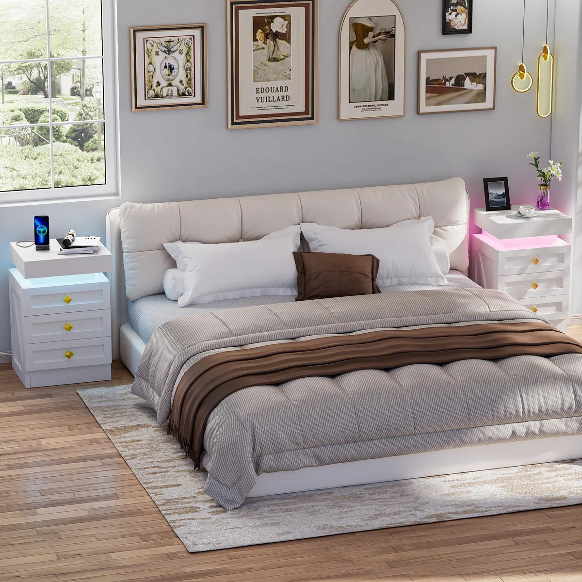 Comodino Camera da Letto con Presa Elettrica, 2 AC 2 USB Comodini Moderni con Luce LED RGB, Comodino in Legno 3 Cassetti e Couvercle Coulissant, Soggiorno Studio, Bianco 35cm Larghezza