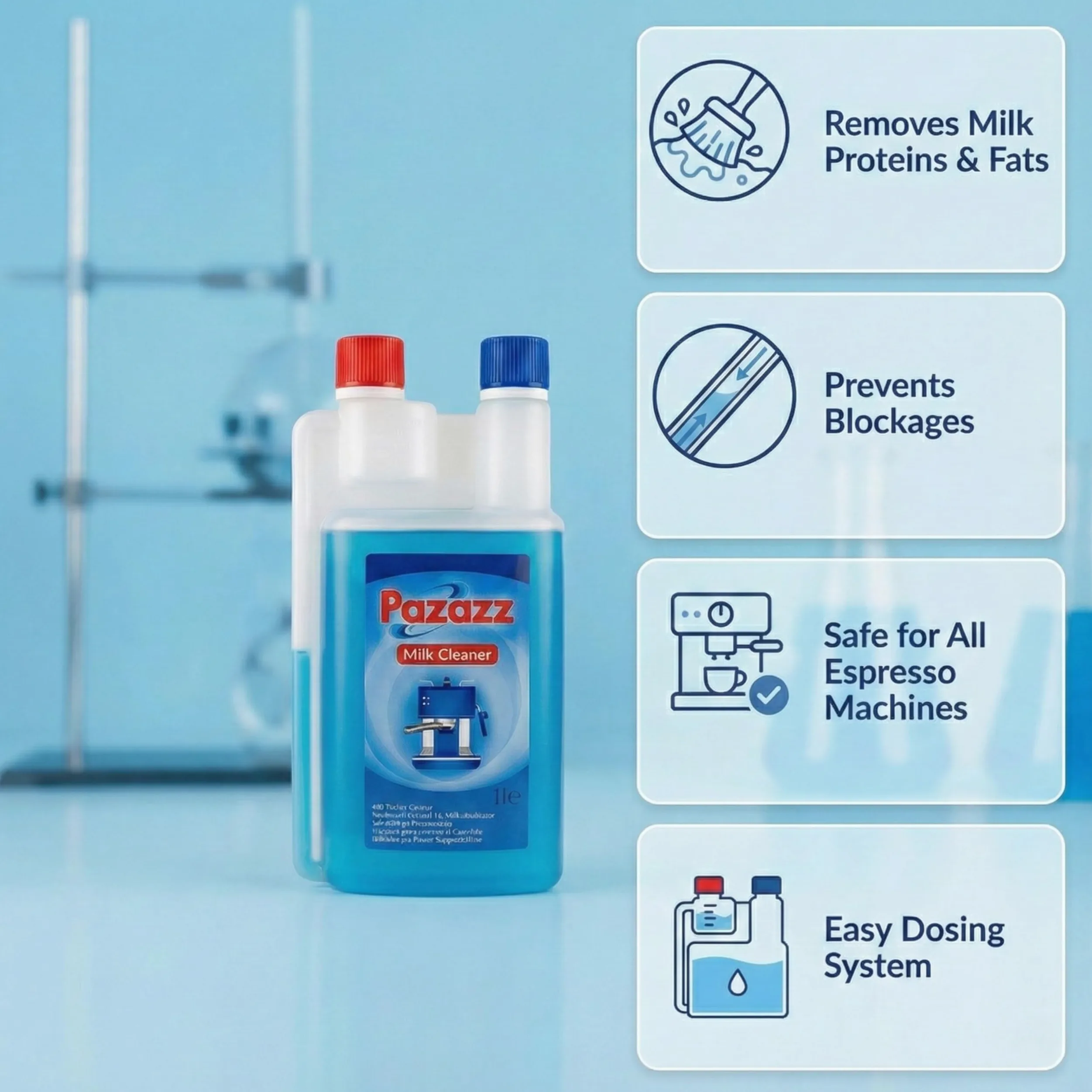 PAZAZZ Detergente per Montalatte – Liquido per Macchine da Caffè ed Espresso – Rimuove i Residui di Latte – Uso Domestico e Professionale – 1000ml – Confezione da 12