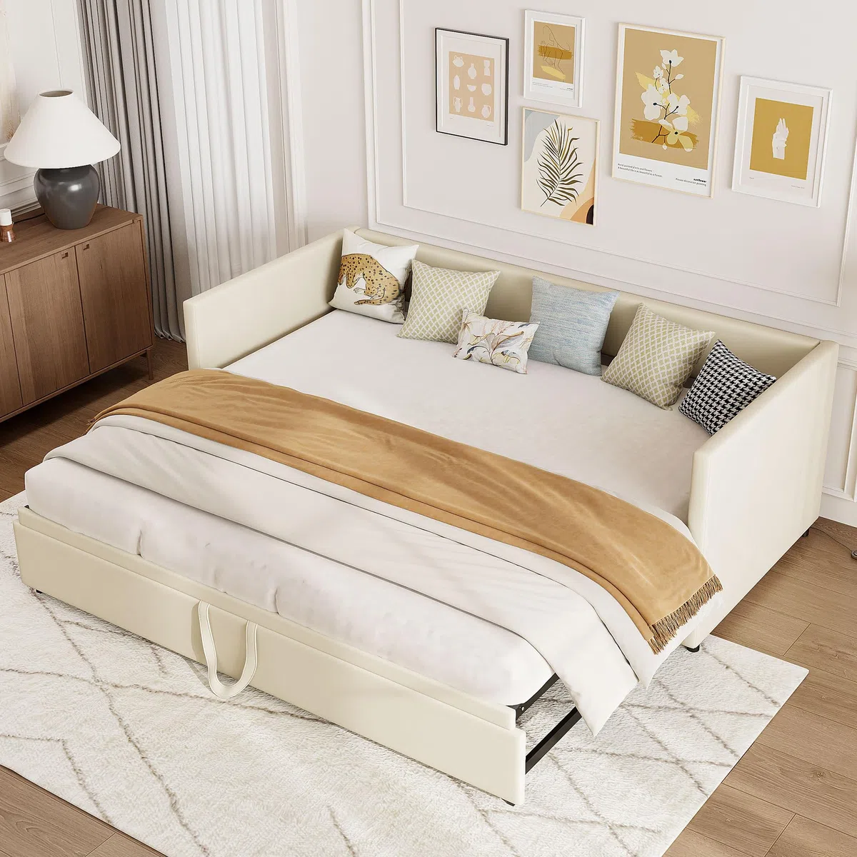 KeepGoon Divano Letto Estensibile 90/180x200 cm, Letto Singolo con Letto Estraibile, Struttura Salvaspazio con Rete a Doghe, Tessuto in Velluto Beige, Senza Materasso