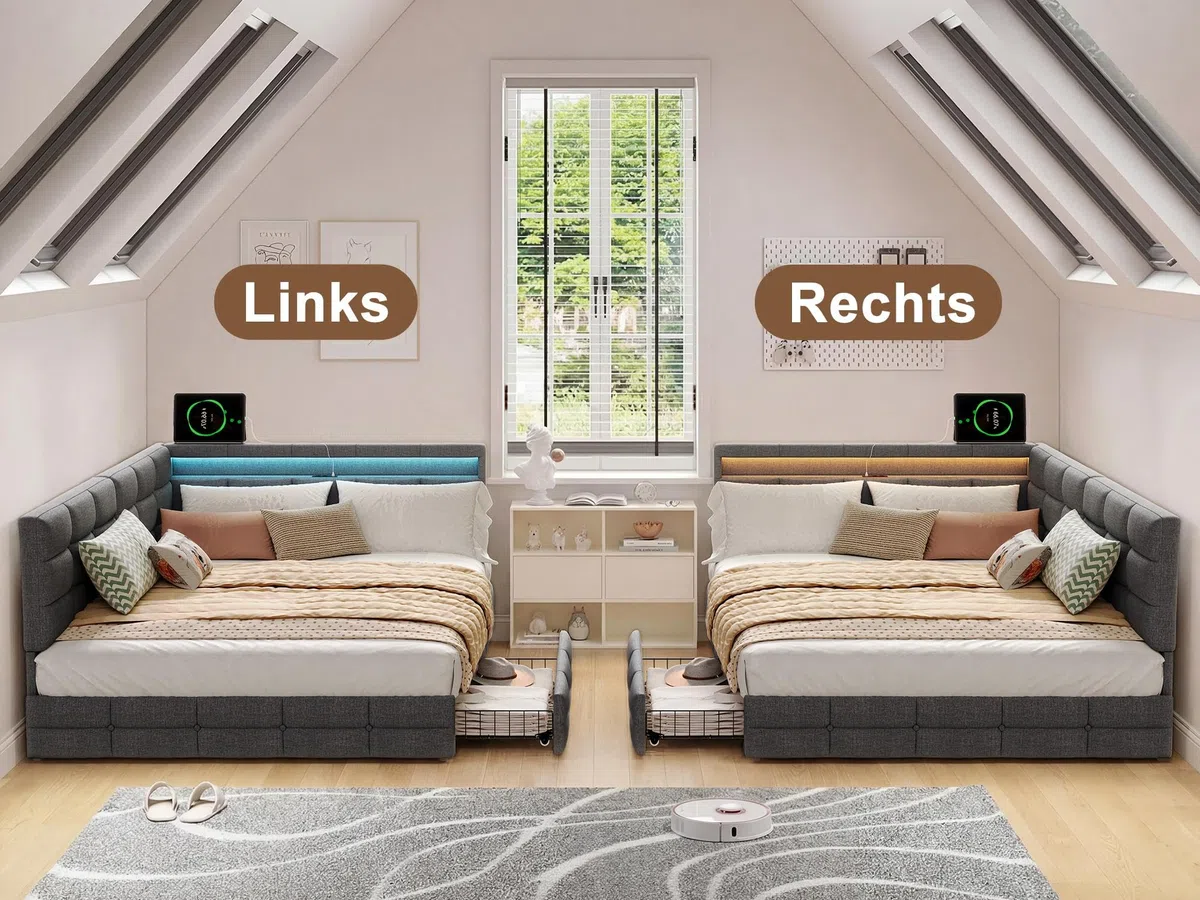 BRILVERDE Letto Contenitore 140x190 con Cassetti, Letto imbottito con luce LED/USB, Divano letto con Testiera contenitore, con Rete a Doghe, Lino(Grigio, 140 x 190 cm)