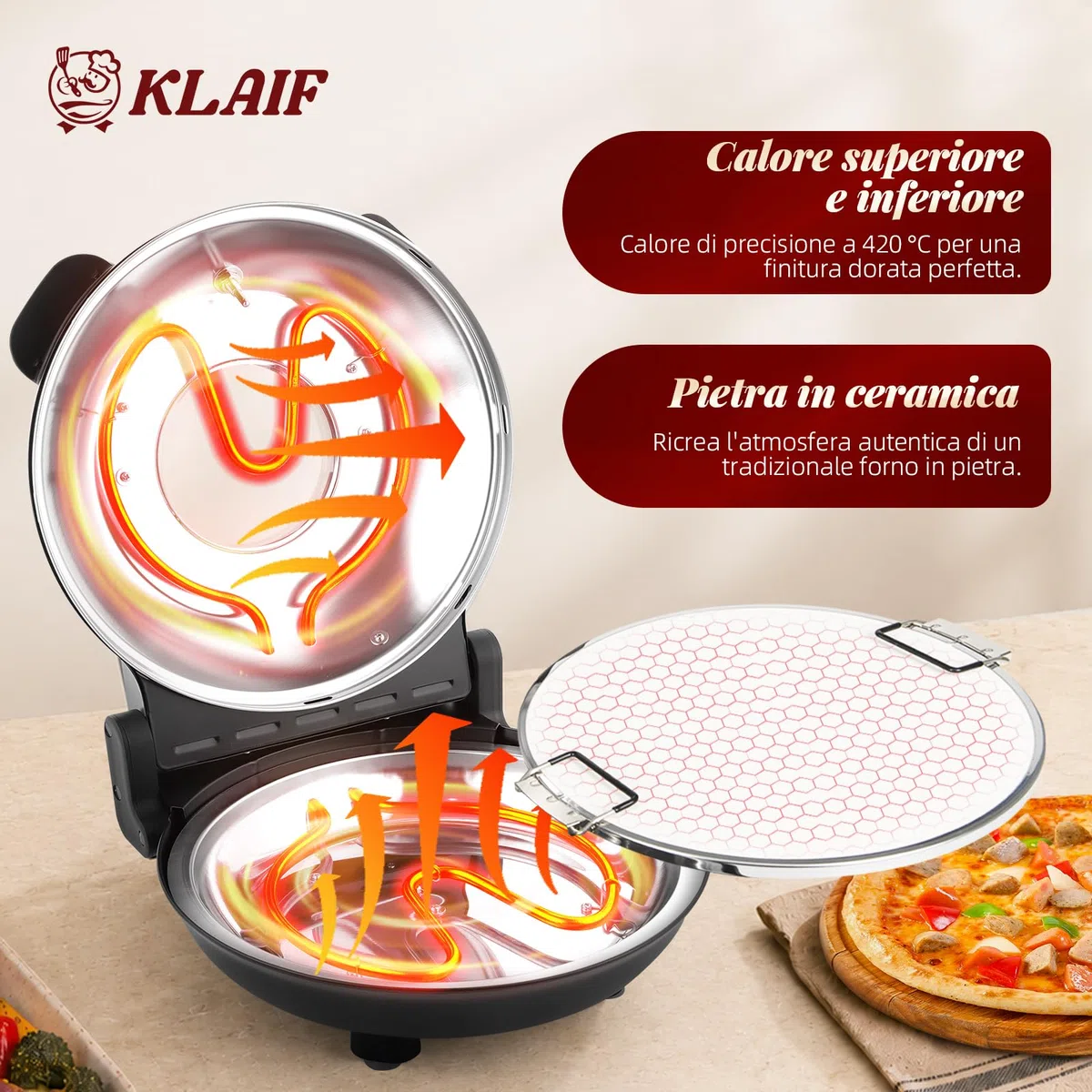 KLAIF Forno elettrico per pizza da banco con pietra in ceramica da 31 cm, due controlli di temperatura regolabili, inclusi 4 utensili per pizza, LMC-Nero