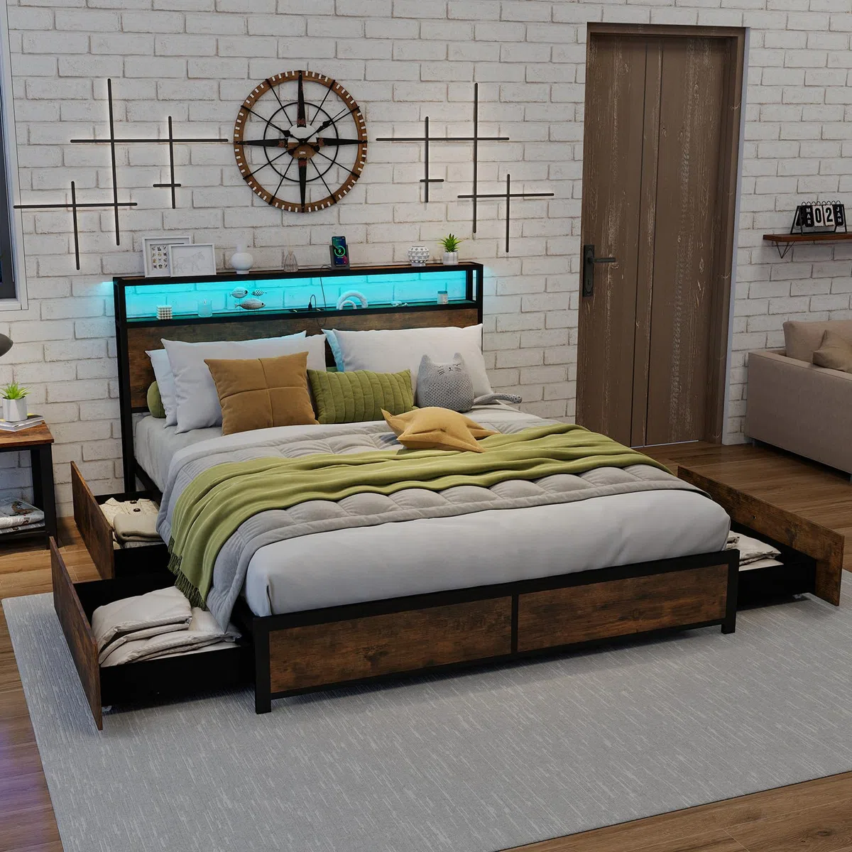 COSTWAY Letto Matrimoniale 160x200 cm, con 4 Cassetti e Testiera, Struttura Letto con Luci LED Regolabile e Presa Multipla, Carico Massimo 300kg, Silenzioso