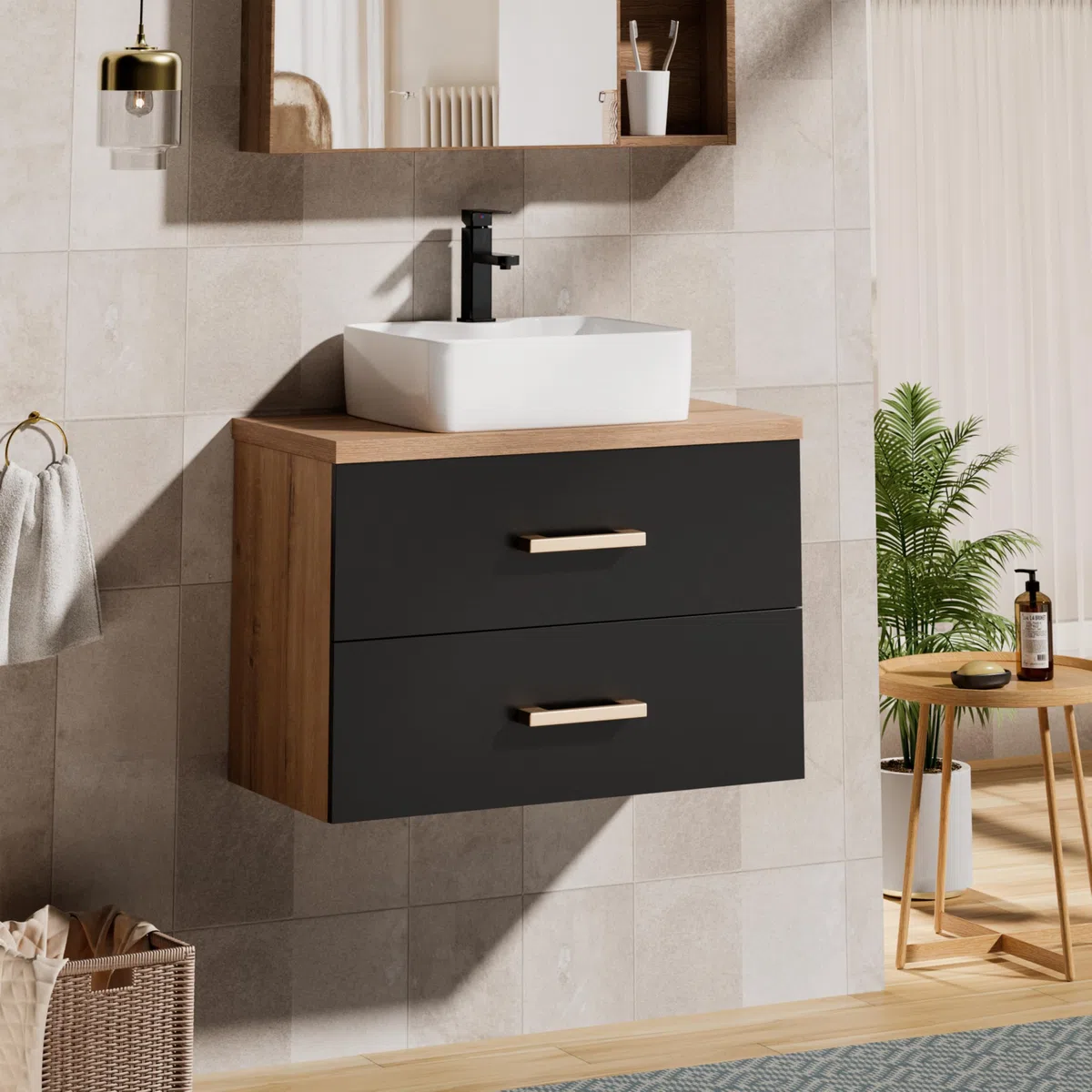 UEV Mobile Bagno 80CM con Lavabo in Stile Rustico,Lavandino con Mobiletto da Parete, Mobiletto Bagno Sospeso Impermeabile e Resistente, Nero