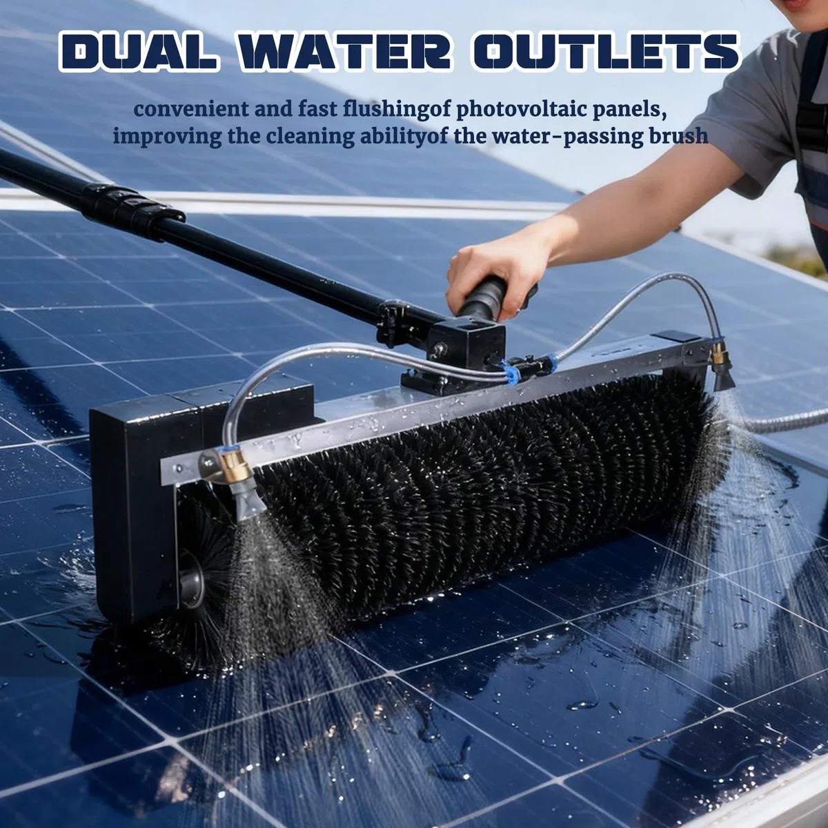 Pulitore Elettrico per Pannelli Solari con Testina a Spazzola 60cm e Palo ad Alimentazione Idrica | Per Pannelli Fotovoltaici e Pulizia Vetri | Uso Professionale e Domestico 7.5m/24ft