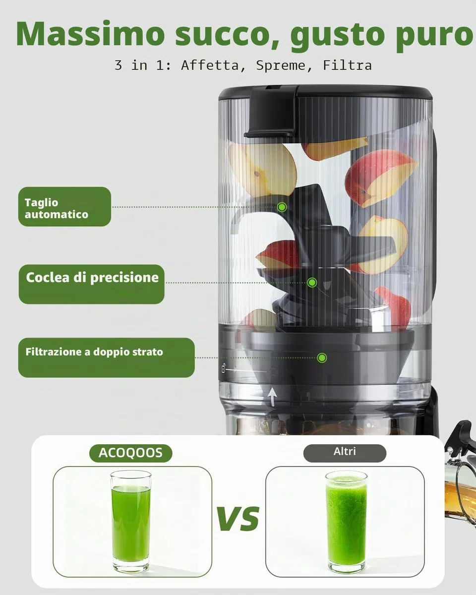 ACOQOOS Estrattore Frutta e Verdura, 132 mm Bocca Extra-Larga, Capacità 1,8 L, Motore da 280 W, BPA Free, Facile da Smontare e Pulire, Nero