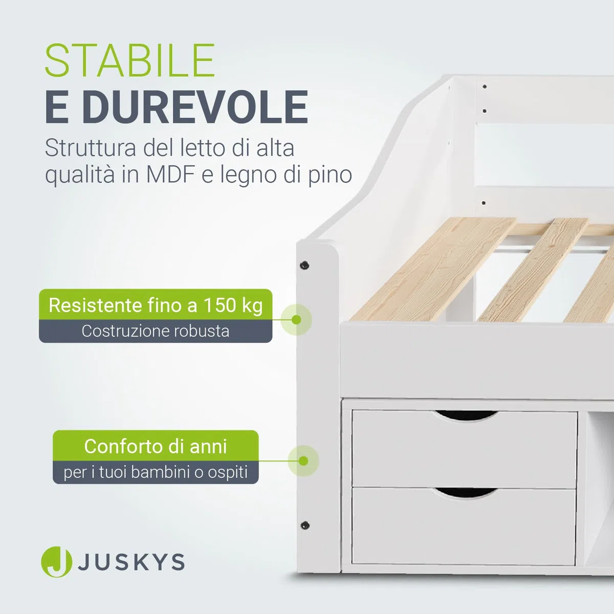 Juskys Letto per bambini 90x200 con cassetti e rete a doghe – letto in legno massiccio di pino con contenitore – letto singolo per bambina e bambino – bianco