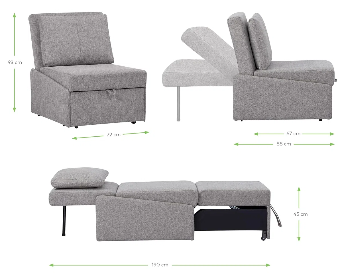 EVERGREENWEB - Poltrona Pouf Letto Singolo con Materasso e Cuscino INCLUSO, Prontoletto Salvaspazio Pieghevole, Pouf Poggiapiedi, Ottomano, Comodo Schienale Regolabile e Tasca Laterare | SOFY (Grigio)