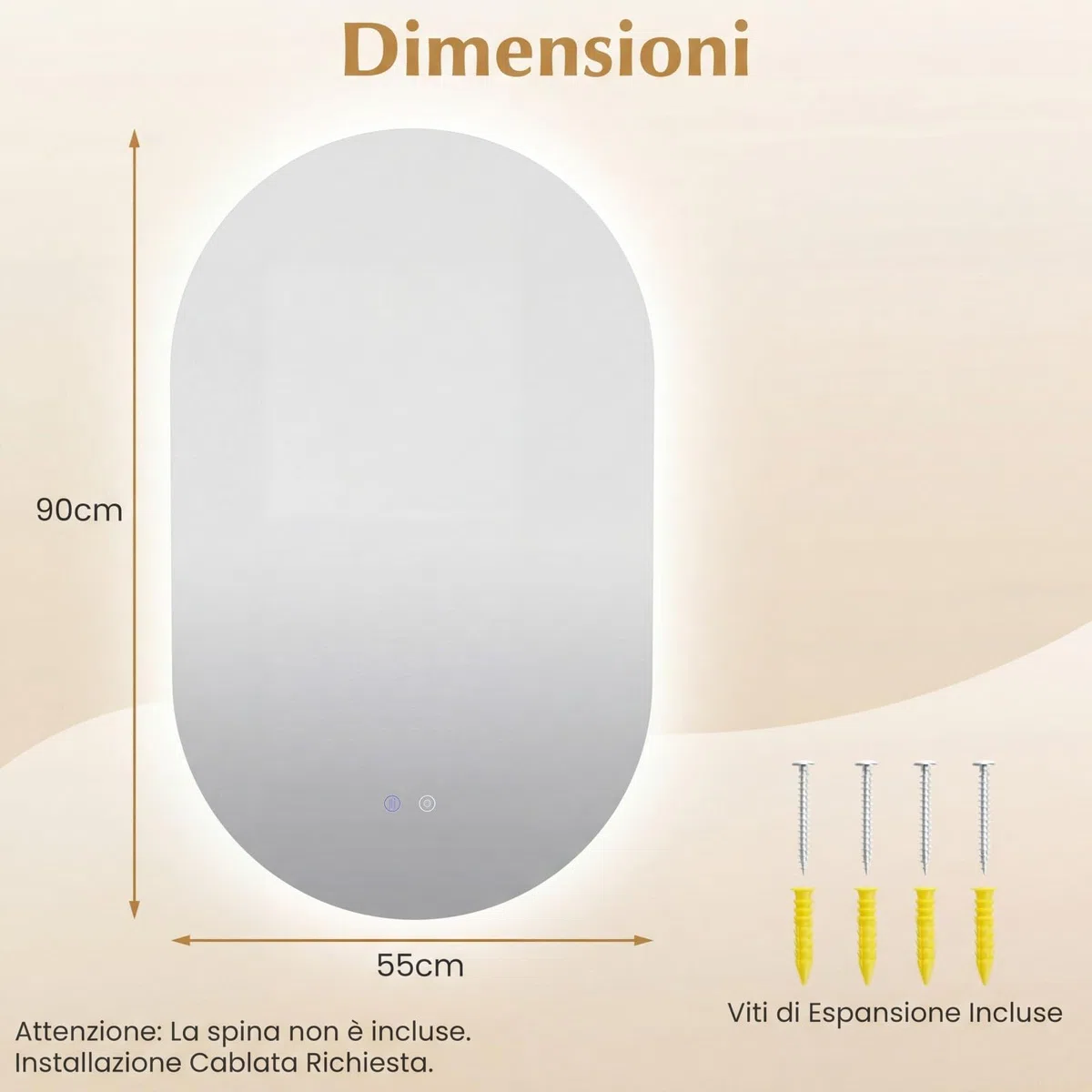 COSTWAY Specchio per Bagno con Luce 90 x 55 cm, Specchio Ovale da Parete Infrangibile con Oulsanti Touch, 3 Colori Dimmerabili, Antiappannamento e Vetro Temperato HD IP44 (90 x 55 cm, Modello 4)