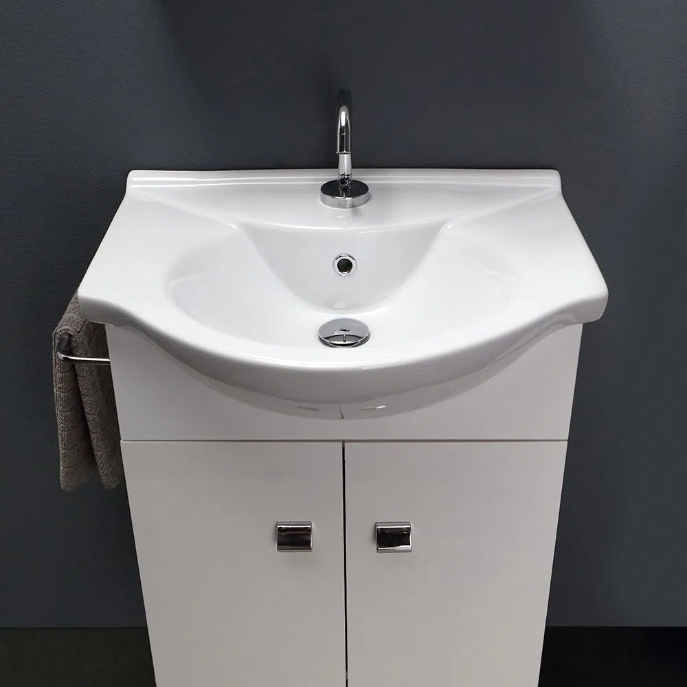Kiamami Valentina - Mobile Bagno Sospeso 56 CM + Lavabo in Ceramica | Specchio a Filo Lucido incluso | Porta Asciugamani Cromato | Adatto a Spazi Ridotti, Bianco, Metallo