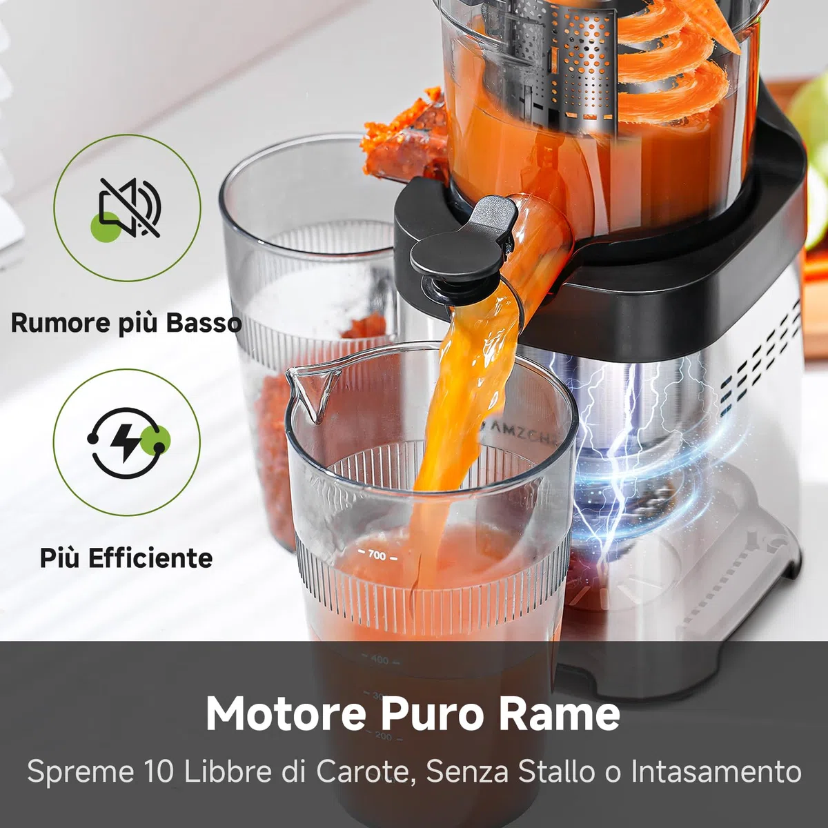 AMZCHEF Spremiagrumi – Slow Juicer con larghezza 135 mm e tubo di alimentazione più grande per verdure e frutta intere – Spremiagrumi facile da pulire con 2 bicchieri, argento