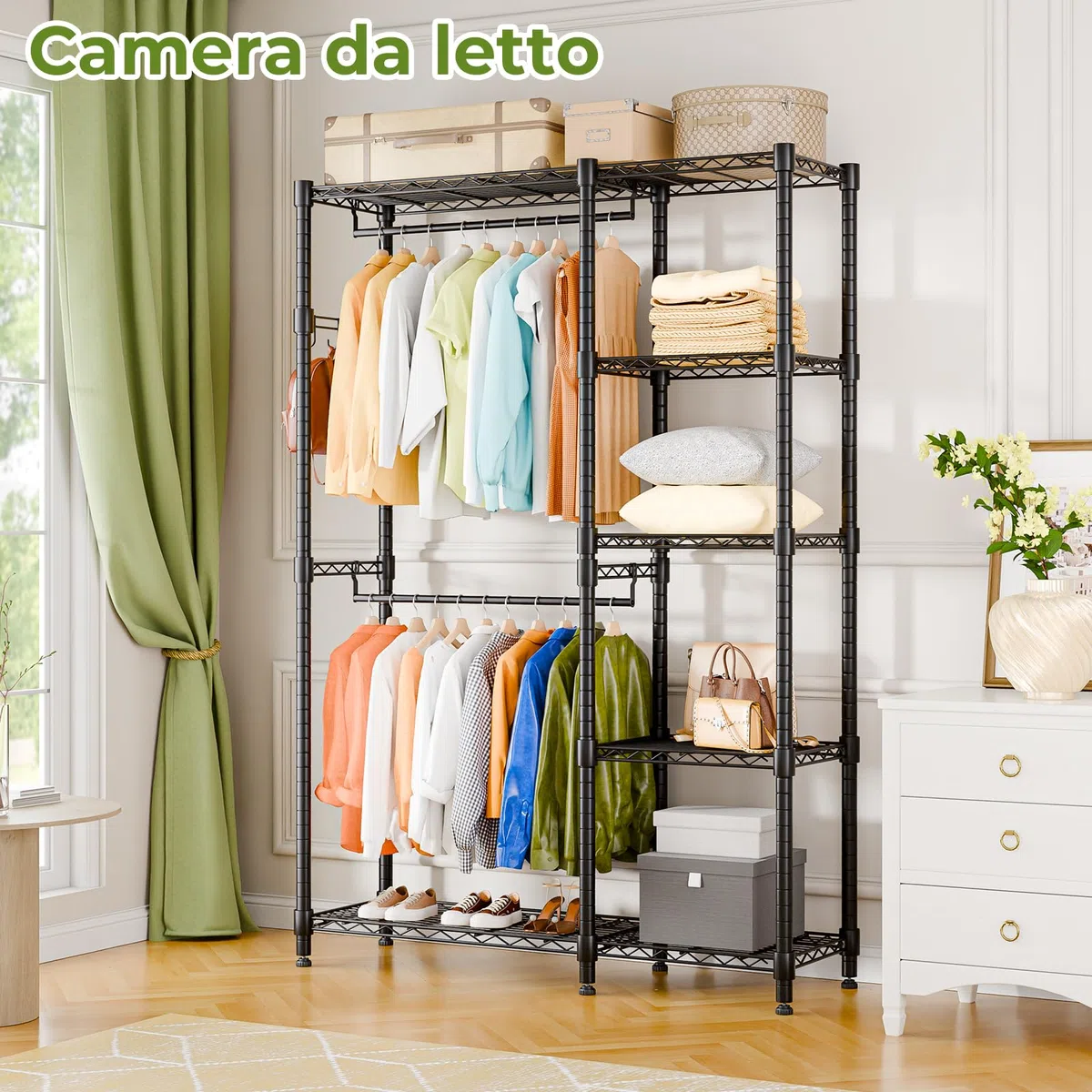 Himimi Appendiabiti stabile, aperto con doppio appendiabiti e 5 ripiani regolabili in altezza, in metallo, per camera da letto, corridoio, 114 x 44 x 195 cm, nero