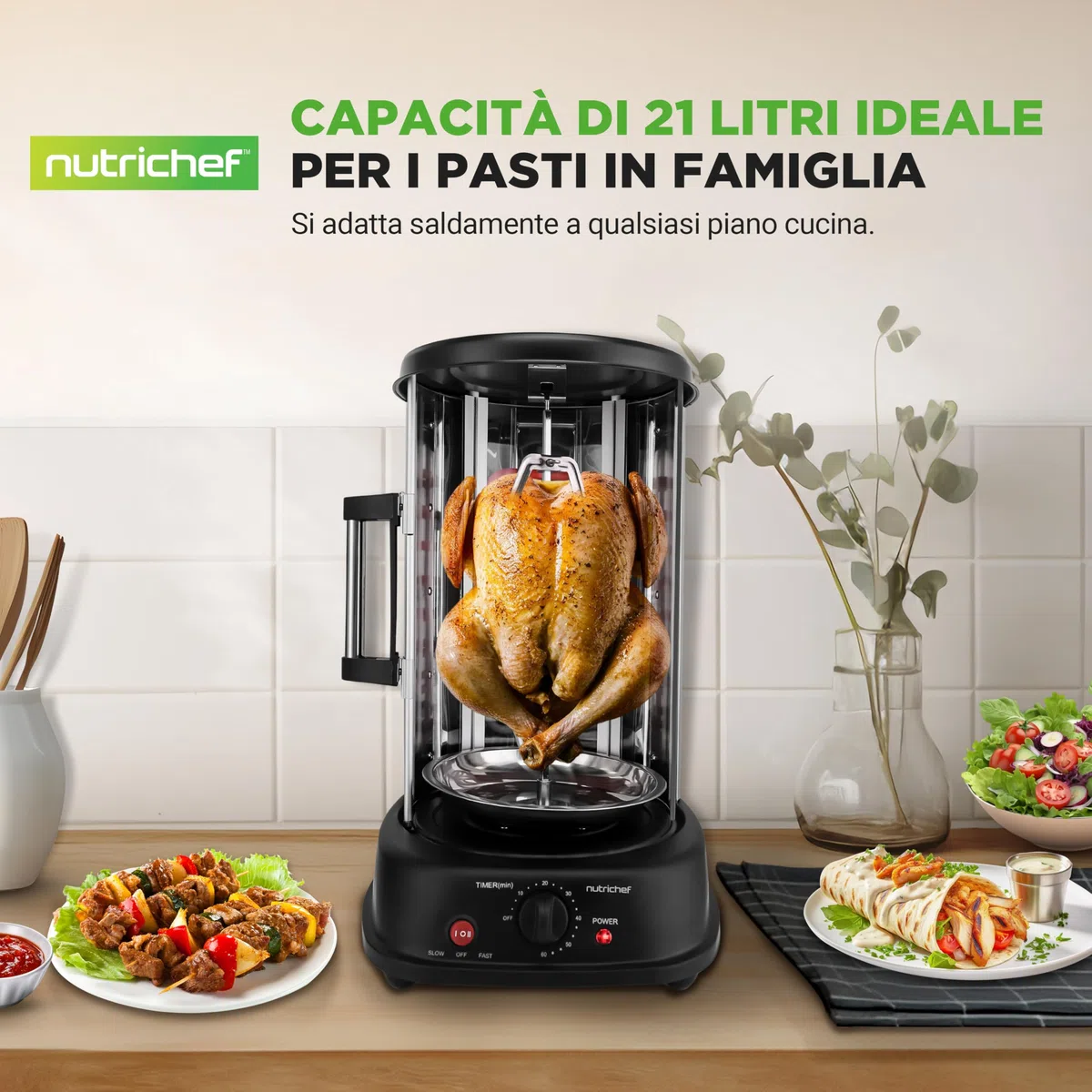 NutriChef Girarrosto Elettrico Forno Verticale 1500 Watt da Appoggio, per Kebab, Pollo Arrosto, Shawarma e Spiedini, con 7 Spiedi e Porta Resistente al Calore, per Casa e Cucina