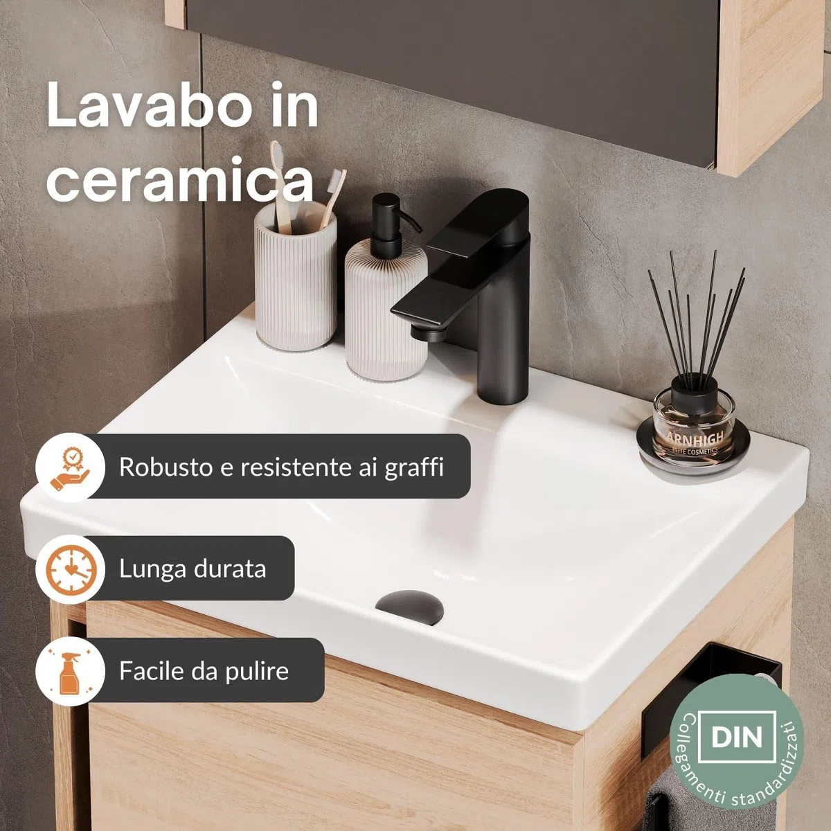 Planetmöbel Mobile sottolavabo 50 cm con specchio da bagno con illuminazione ovale, set di mobili da bagno con lavabo, sospeso, rovere Sonoma
