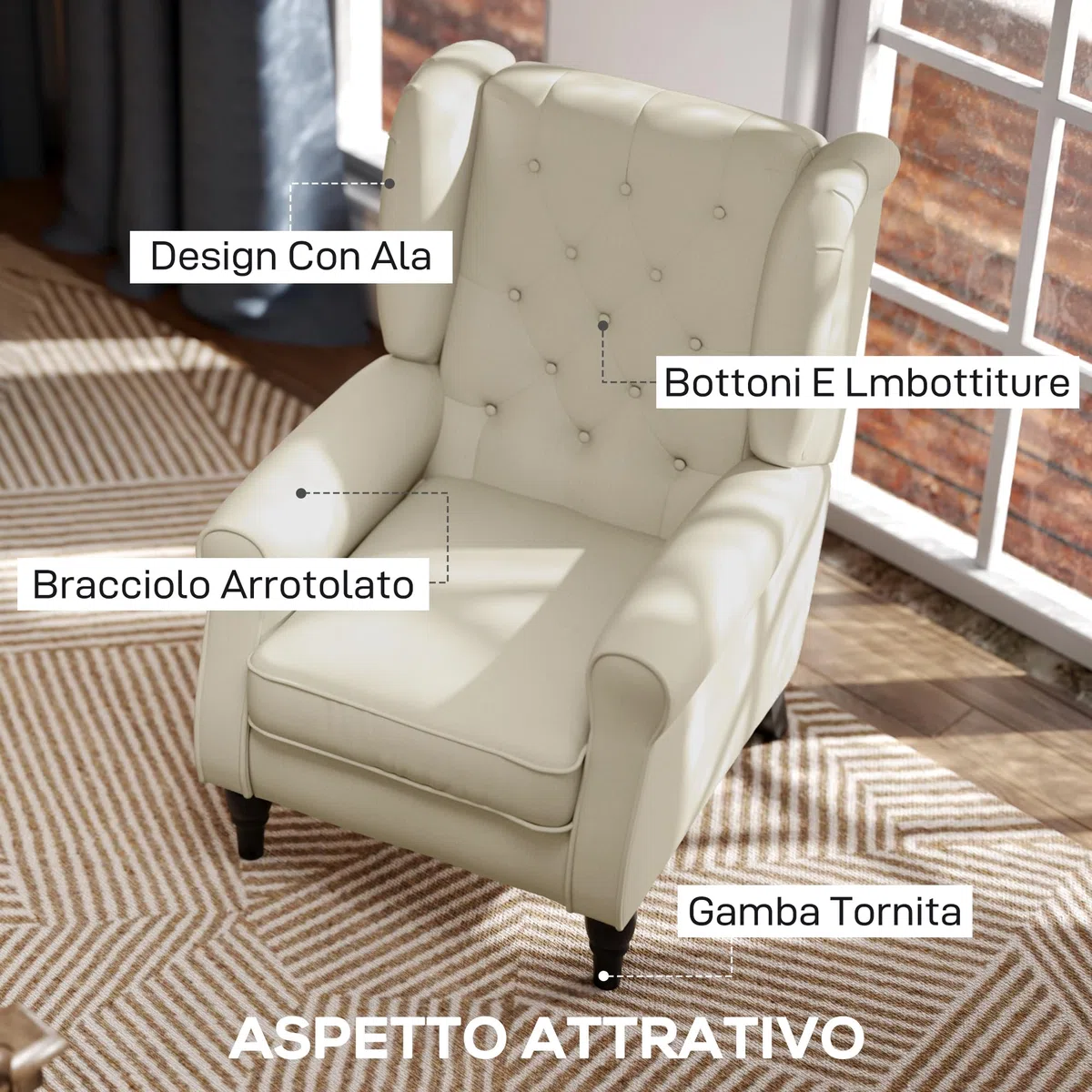 HOMCOM Poltrona per Salotto in Stile Francese con Ampia Seduta, Poltroncina in Tessuto con Gambe in Legno e Cuscino, 74x86x102 cm, Bianco