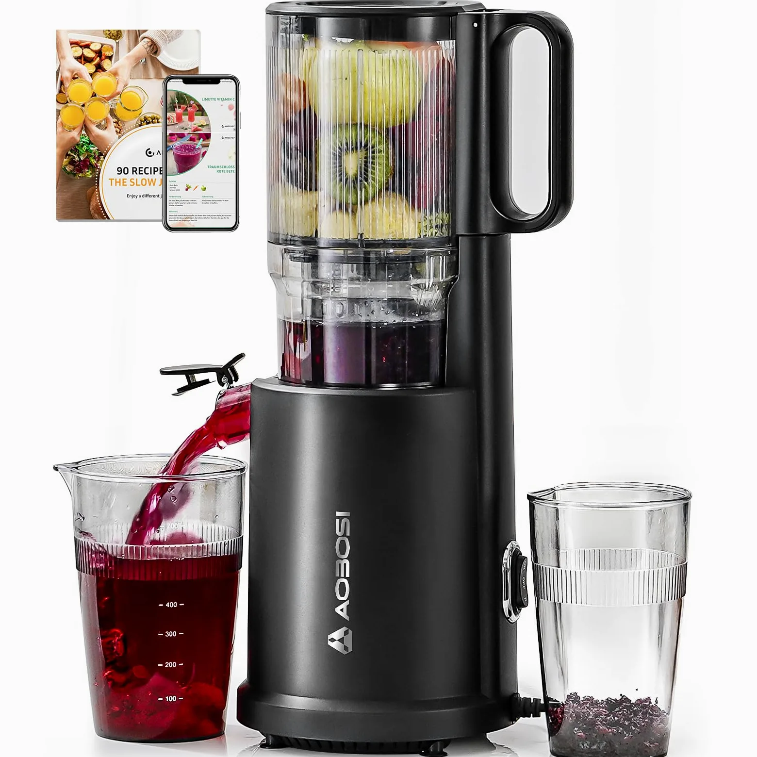 AOBOSI Estrattore frutta e verdura, 135MM XXL Grande Canale di Alimentazione per Frutta e Verdura Intere - Capacità 1,5L, 200 W Slow juicer, Triplo Filtro