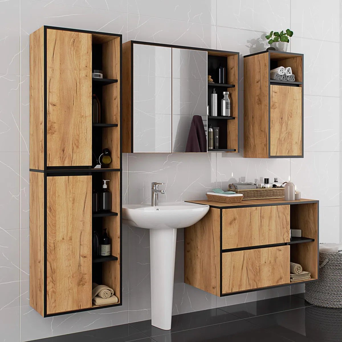 AKORD Mobile Bagno con Specchio VAMI 90 cm - Pensile Bagno Specchio Contenitore 2 Ante, 6 Ripiani - Spazioso - Robusti e Resistenti all'Umidità - 90x75x15 cm - Rovere Artigianale & Nero